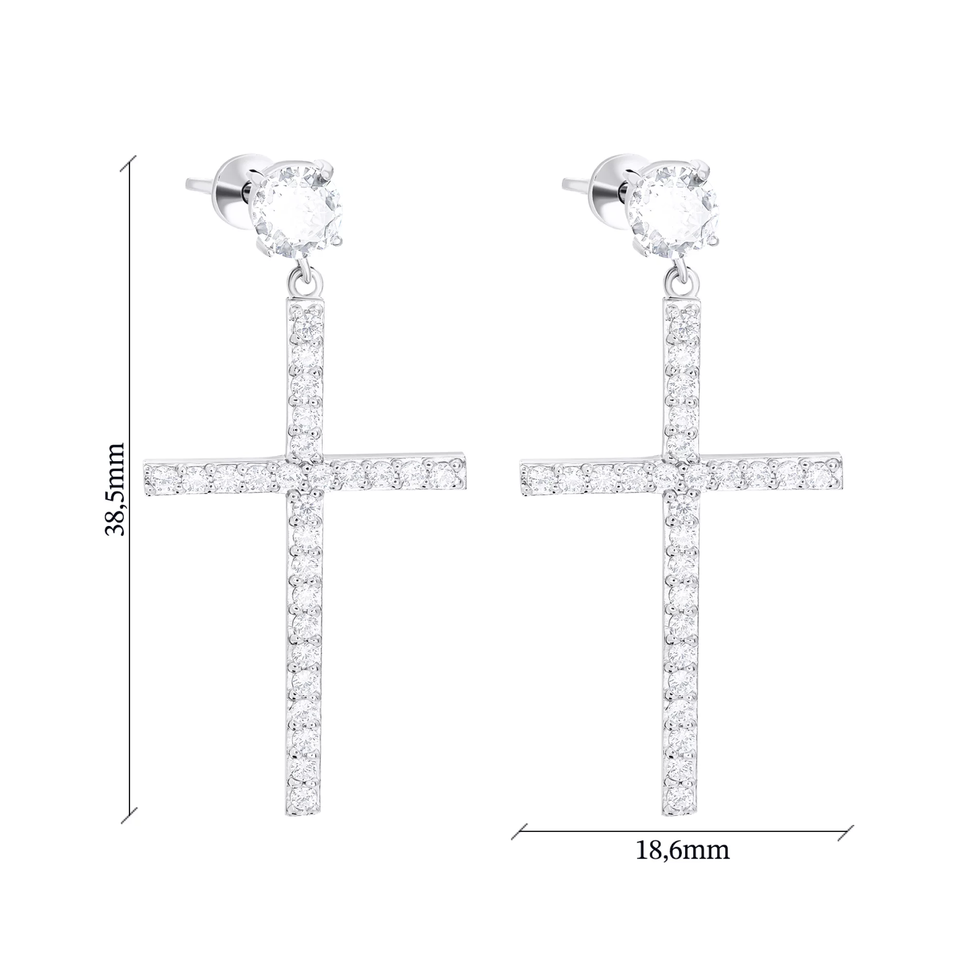 Сережки-гвоздики зі срібла з підвісками "Хрестики" з фіанітами - 1548777 – зображення 3