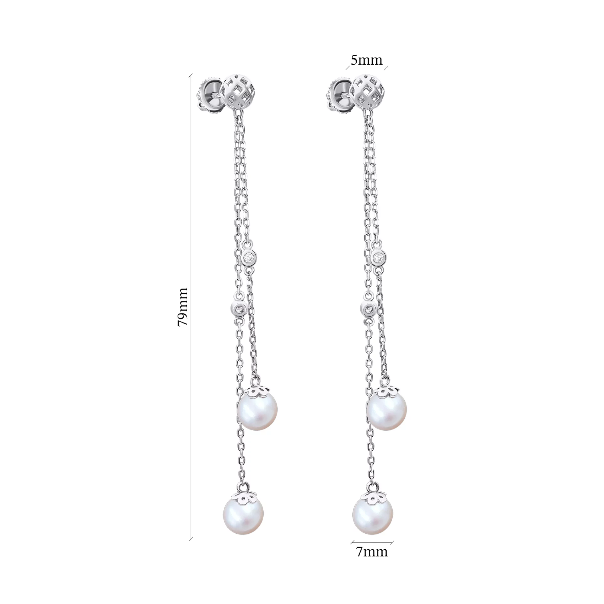 Сережки-гвоздики с подвесами с жемчугом и фианитом из серебра - 1468760 – изображение 3