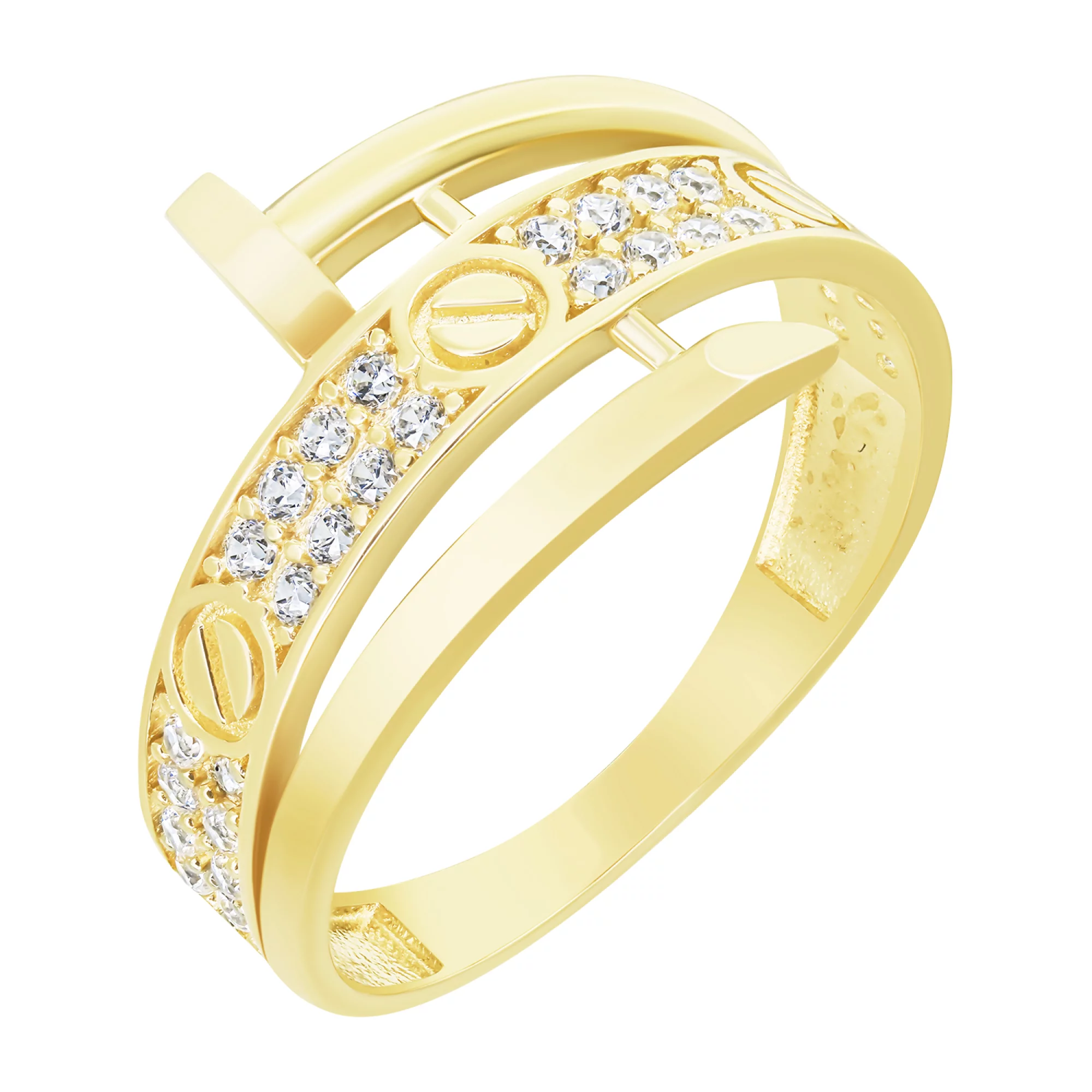 Широкое кольцо с фианитами "Гвоздь" из лимонного золота - 1613531 – изображение 1