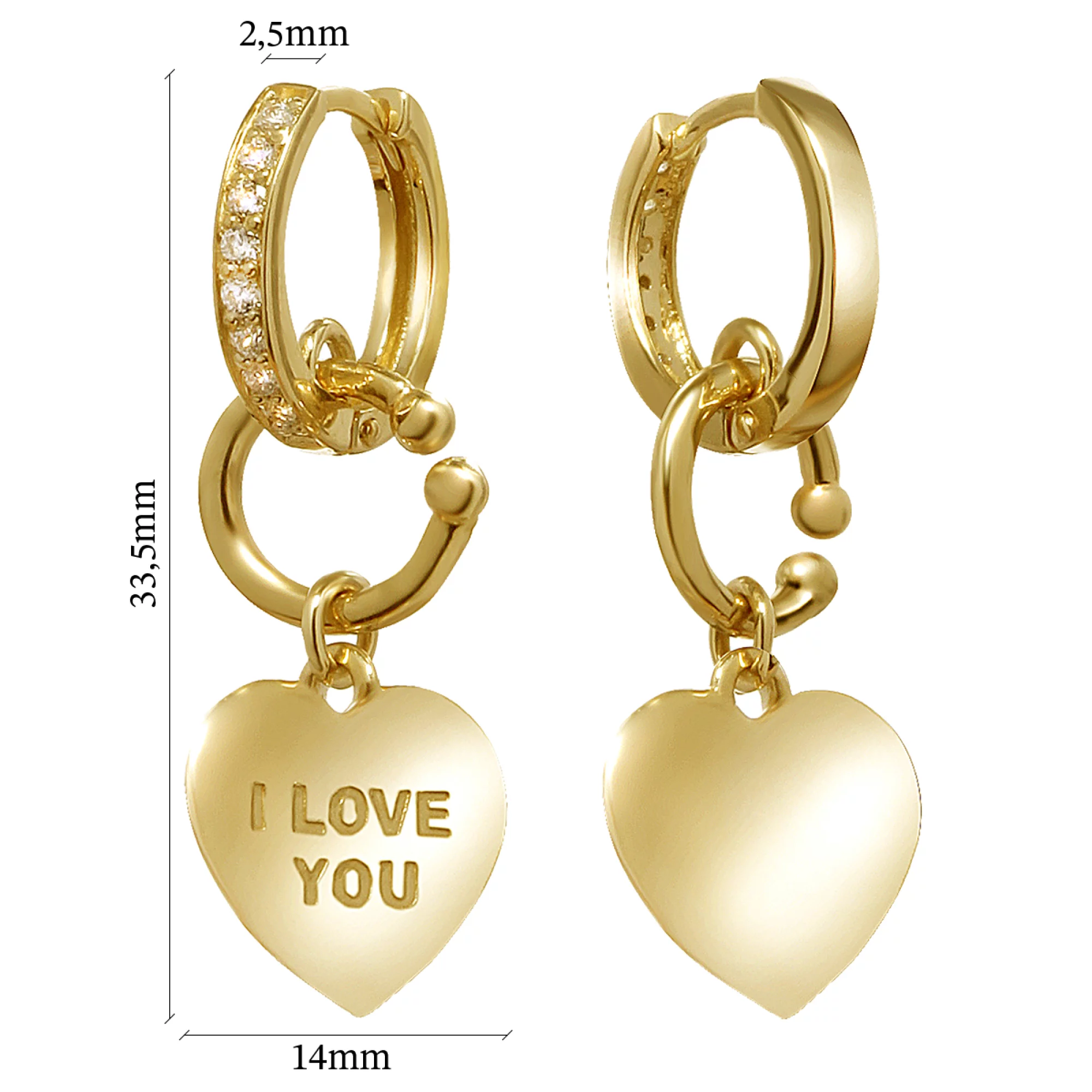 Сережки из лимонного золота с подвесками и фианитом Сердце "I Love You " - 968269 – изображение 3
