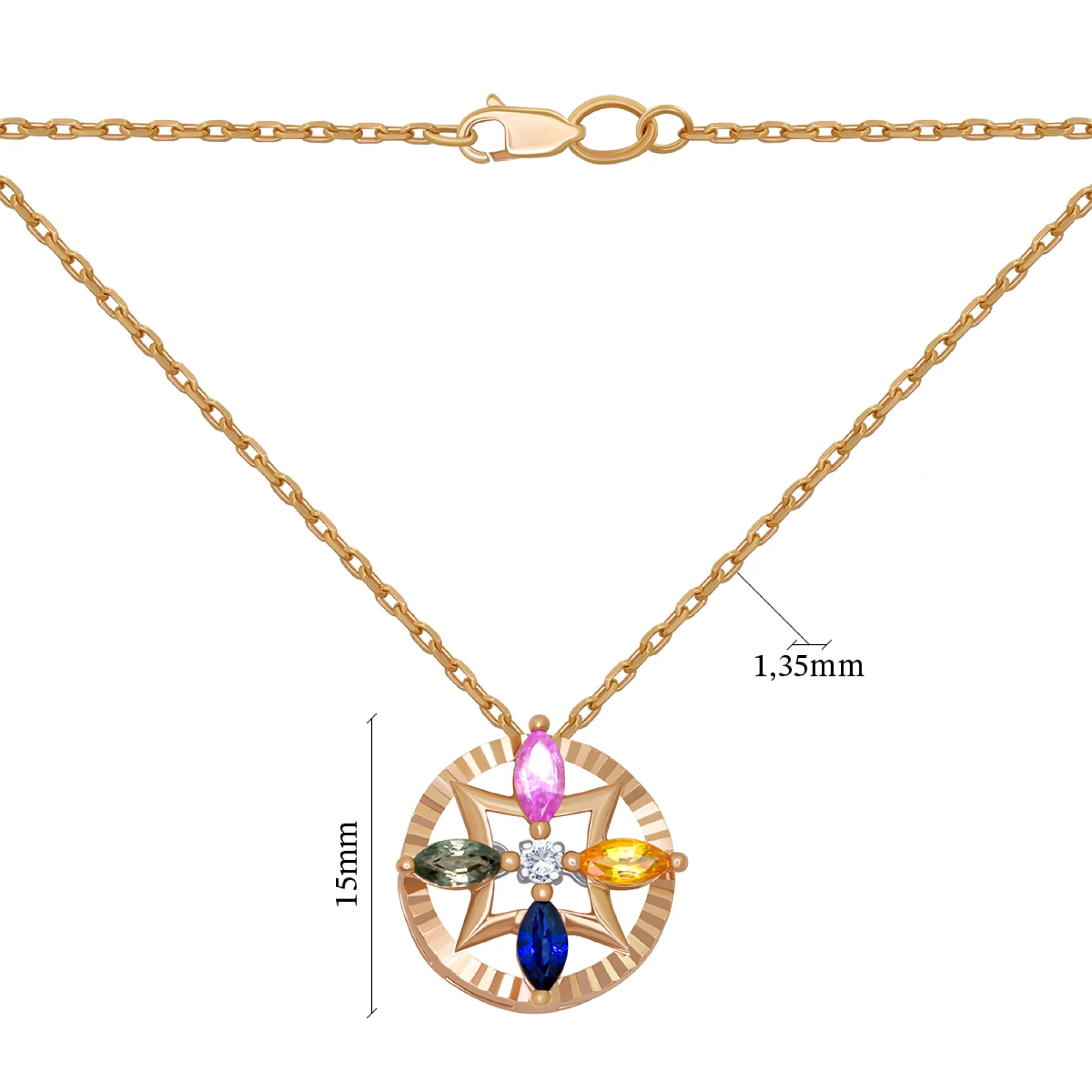 Ланцюжок із золота з підвіскою і кольоровими сапфірами і діамантами плетіння якірне - 897030 – зображення 2