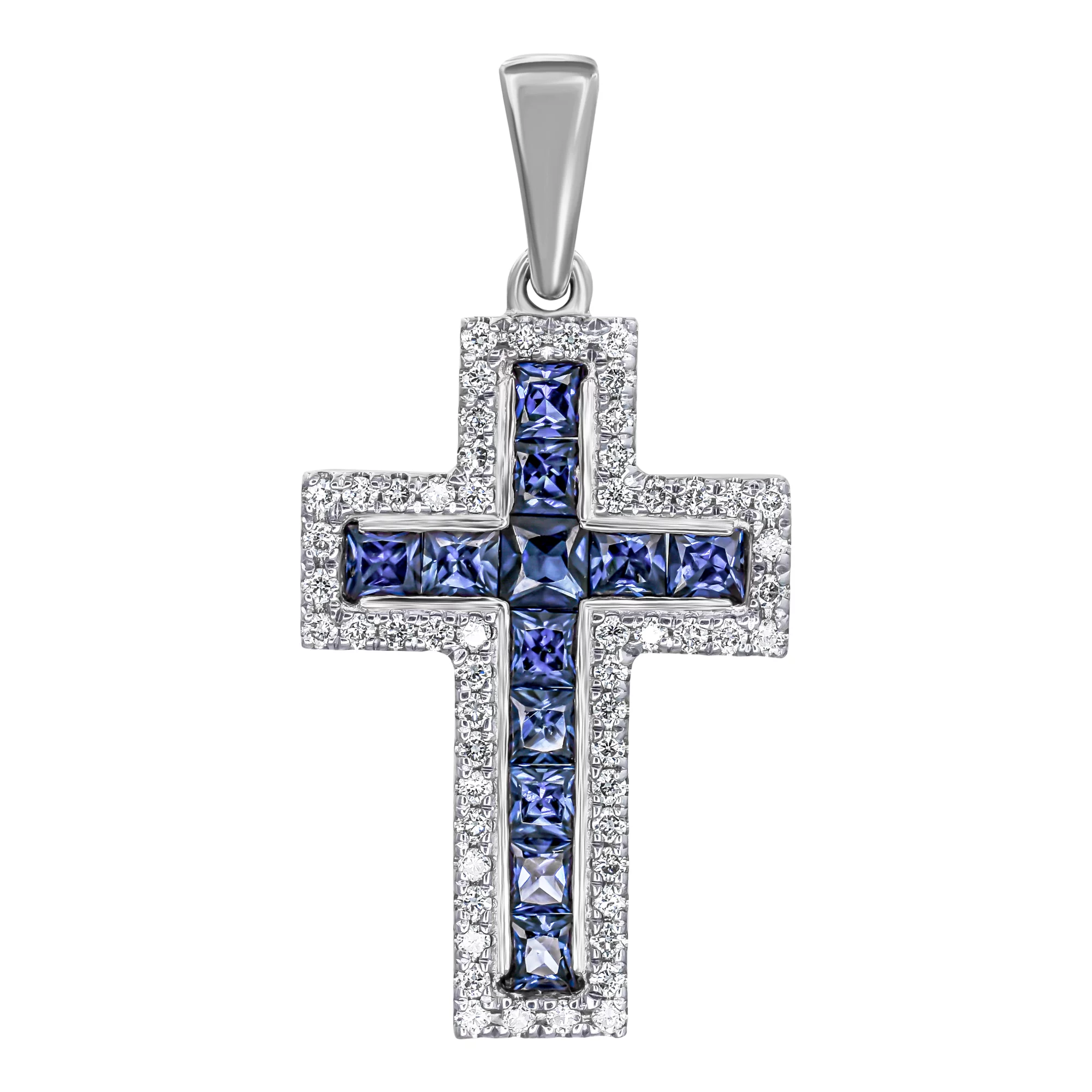 Крест в белом золоте с бриллиантами и сапфирами - 1596487 – изображение 1