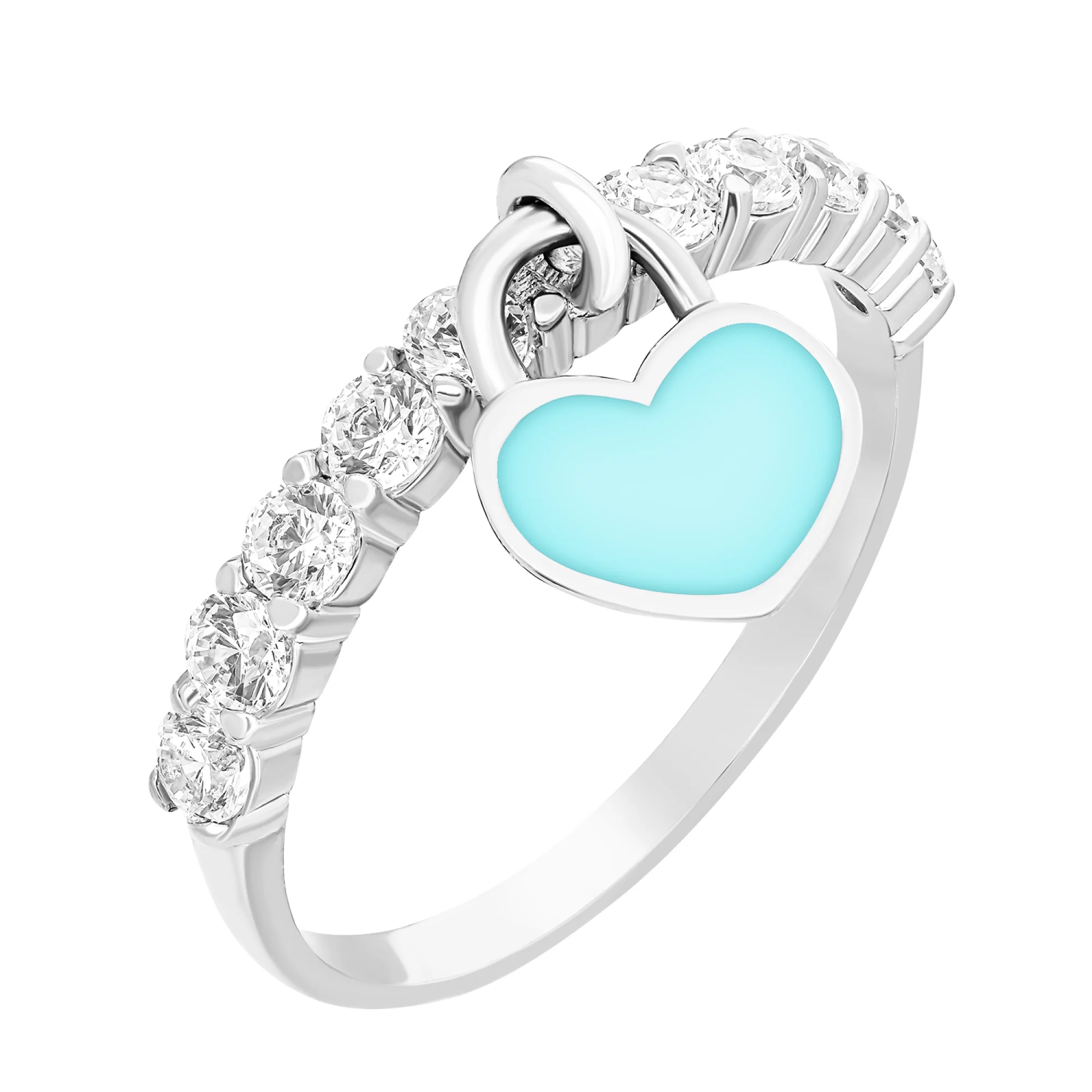 Серебряное кольцо с фианитами и подвесным сердечком с эмалью - 1549863 – изображение 1