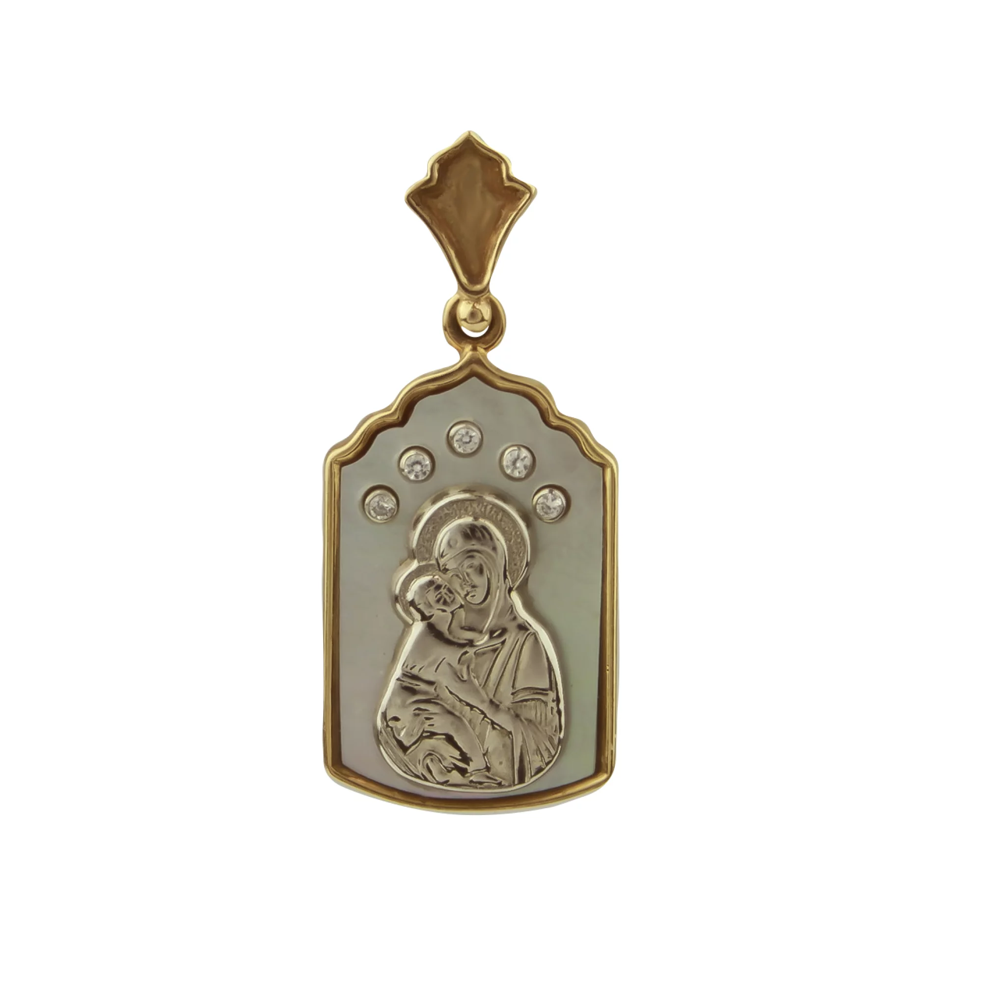 Золотая ладанка с перламутром и фианитами Богородица "Владимирская" - 431142 – изображение 1