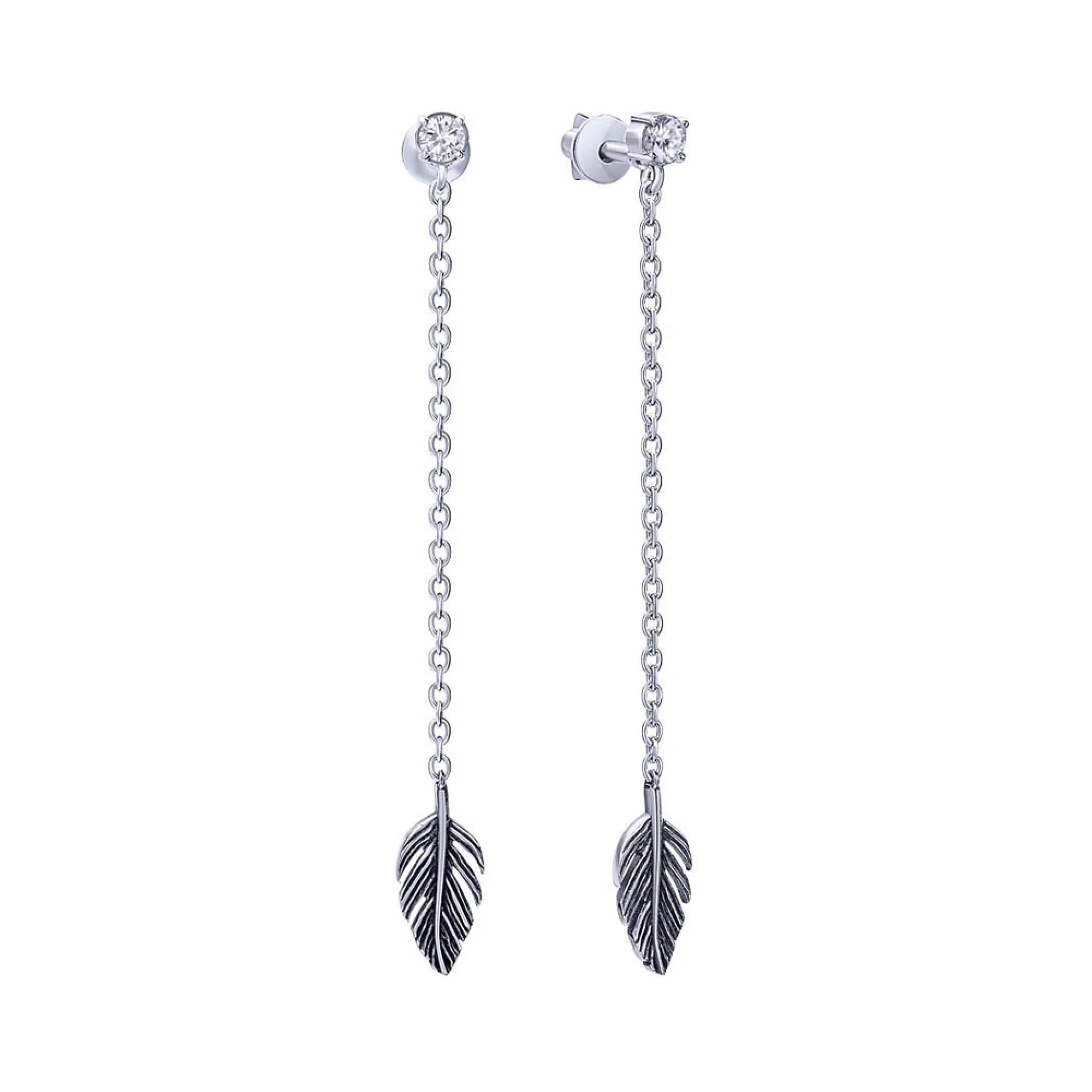 Срібні сережки з підвісами Пір'я з фіанітом - 411500 – зображення 2