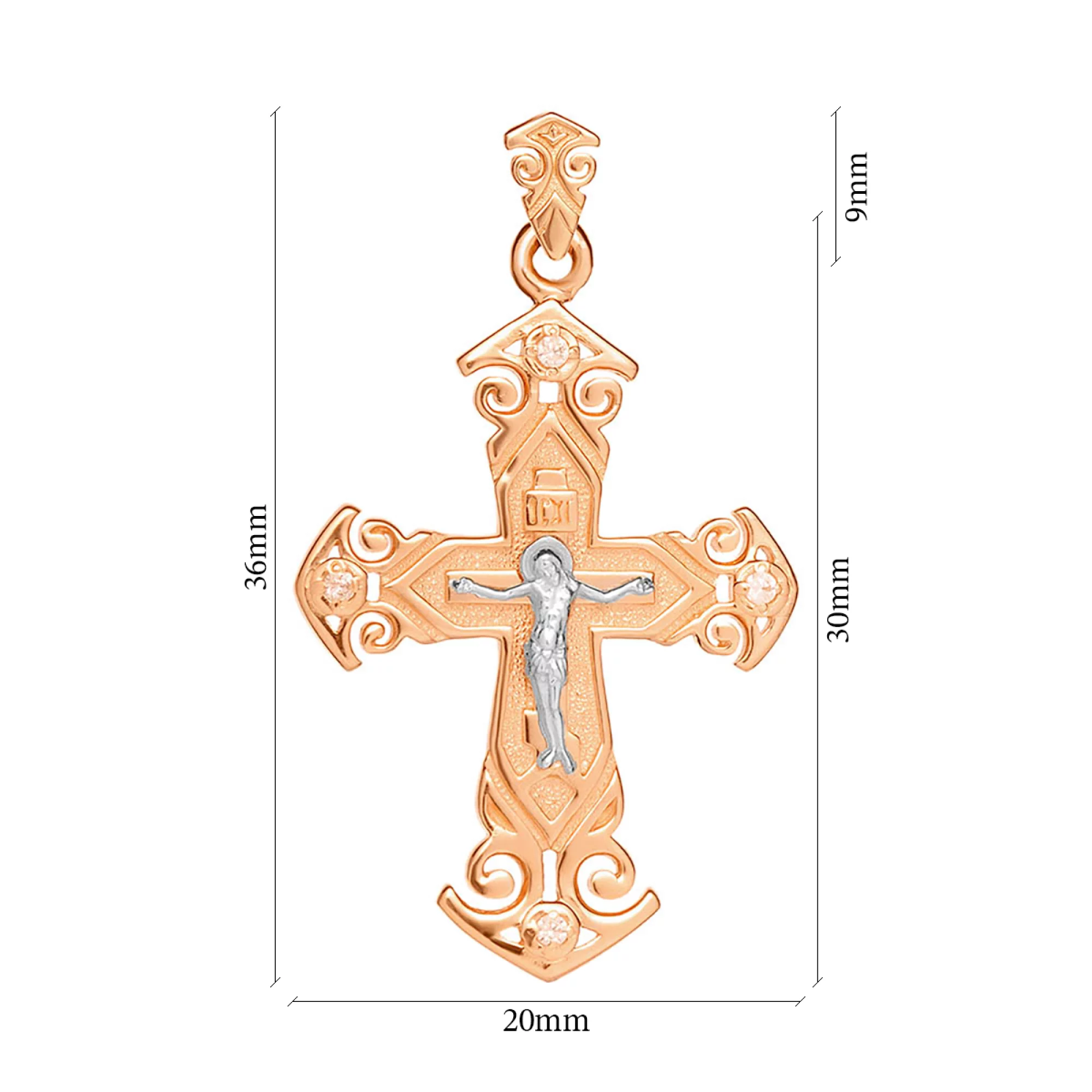 Крестик из комбинированого золота с фианитом - 961939 – изображение 2