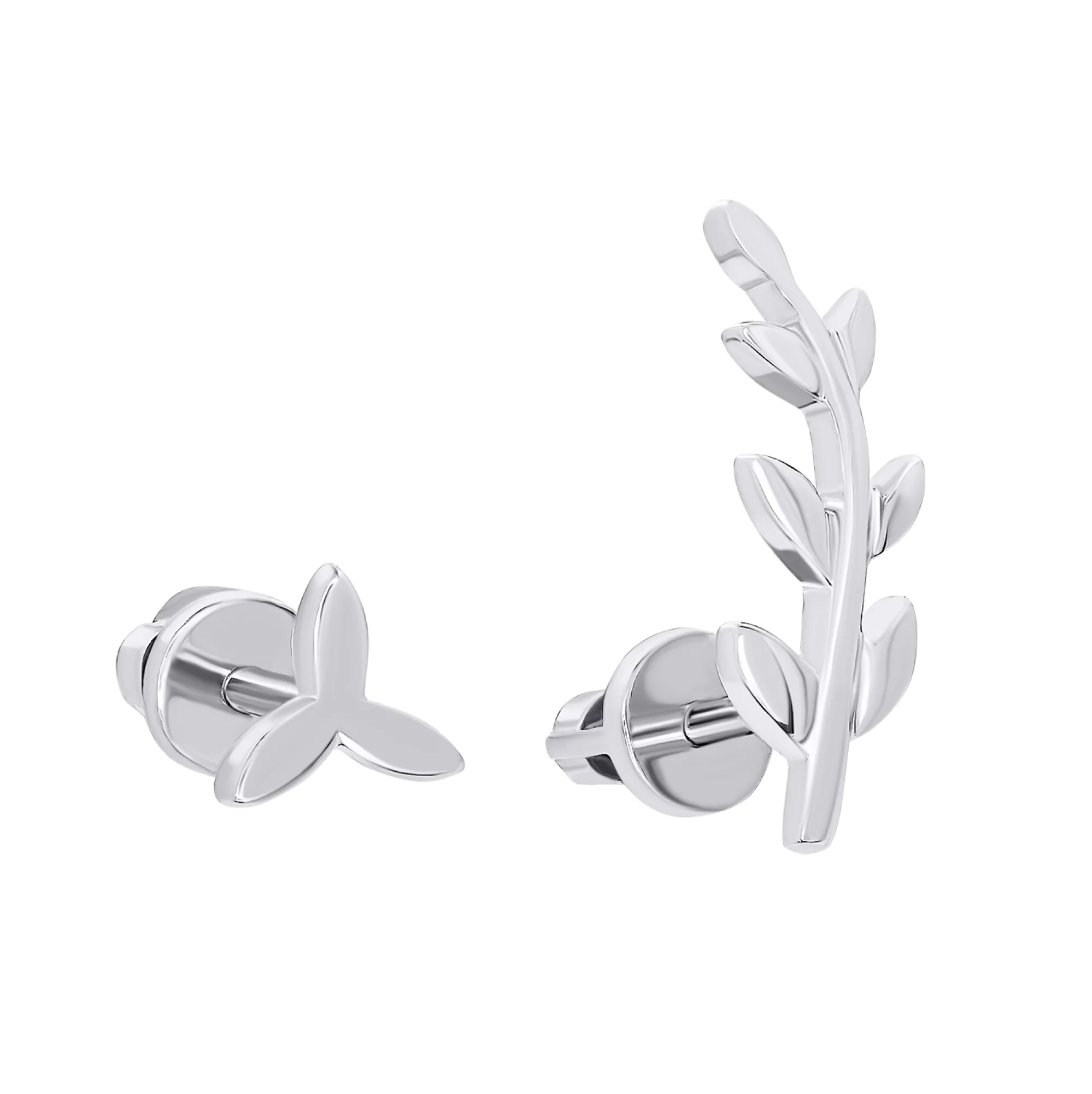 Срібні сережки-гвоздики  у формі гілочки - 1487244 – зображення 1