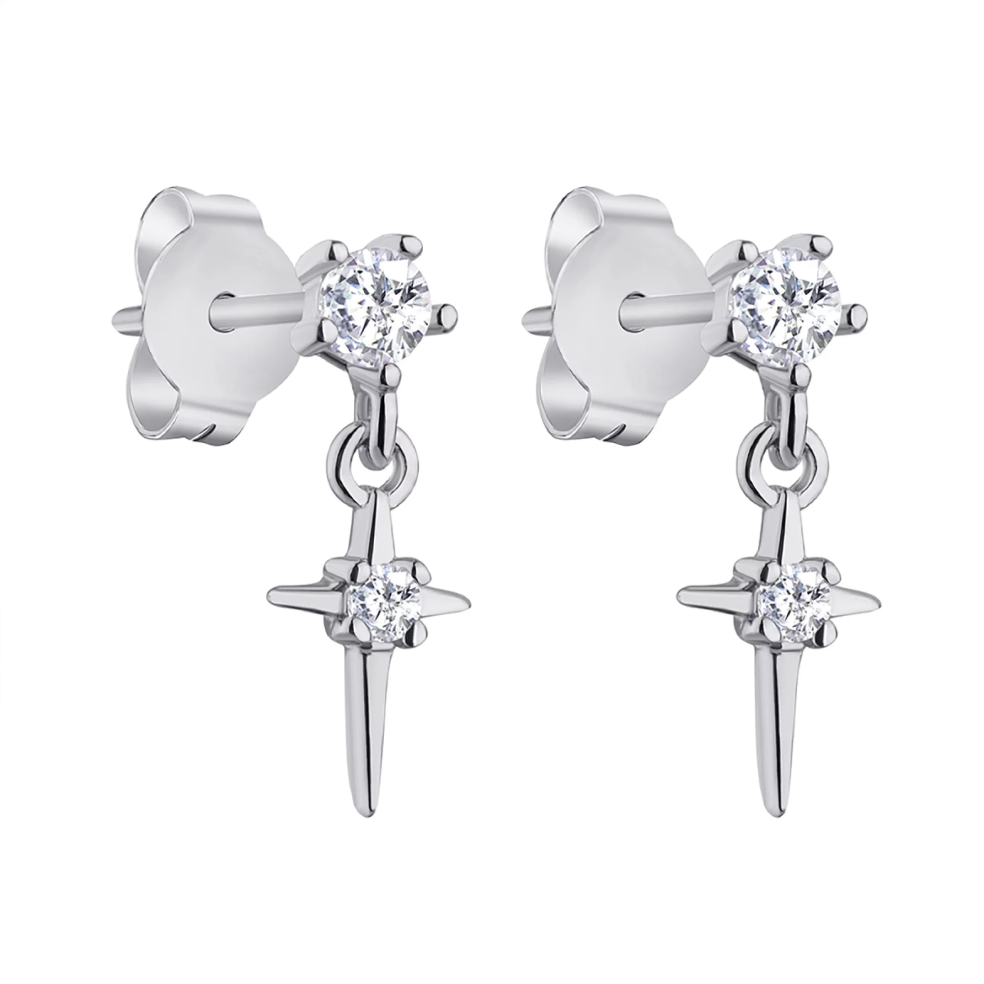 Срібні сережки-гвоздики з підвісами "Зірка" та фіанітом - 1300548 – зображення 1