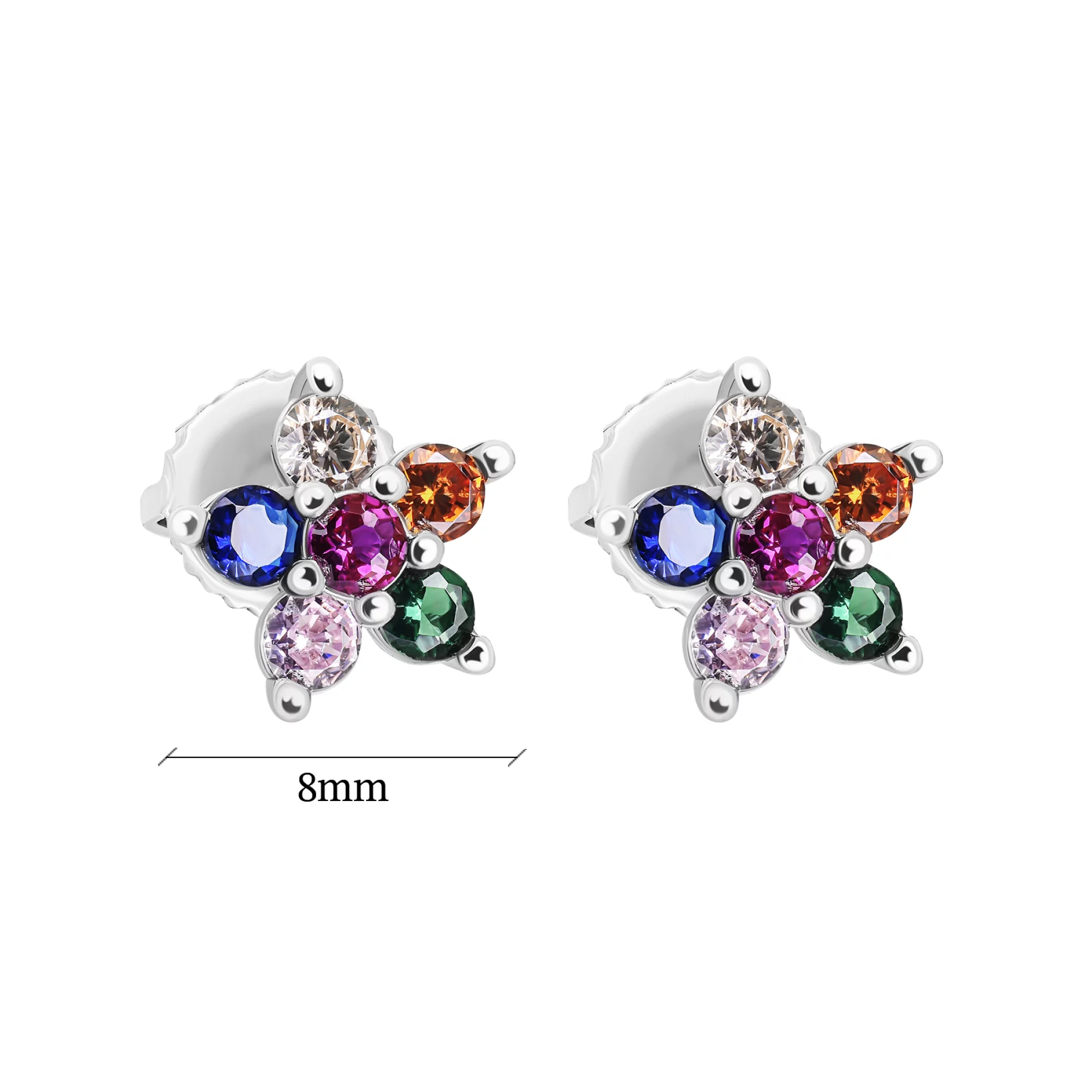 Серьги-гвоздики в серебре с цветными фианитами "Цветочек" - 1599275 – изображение 3