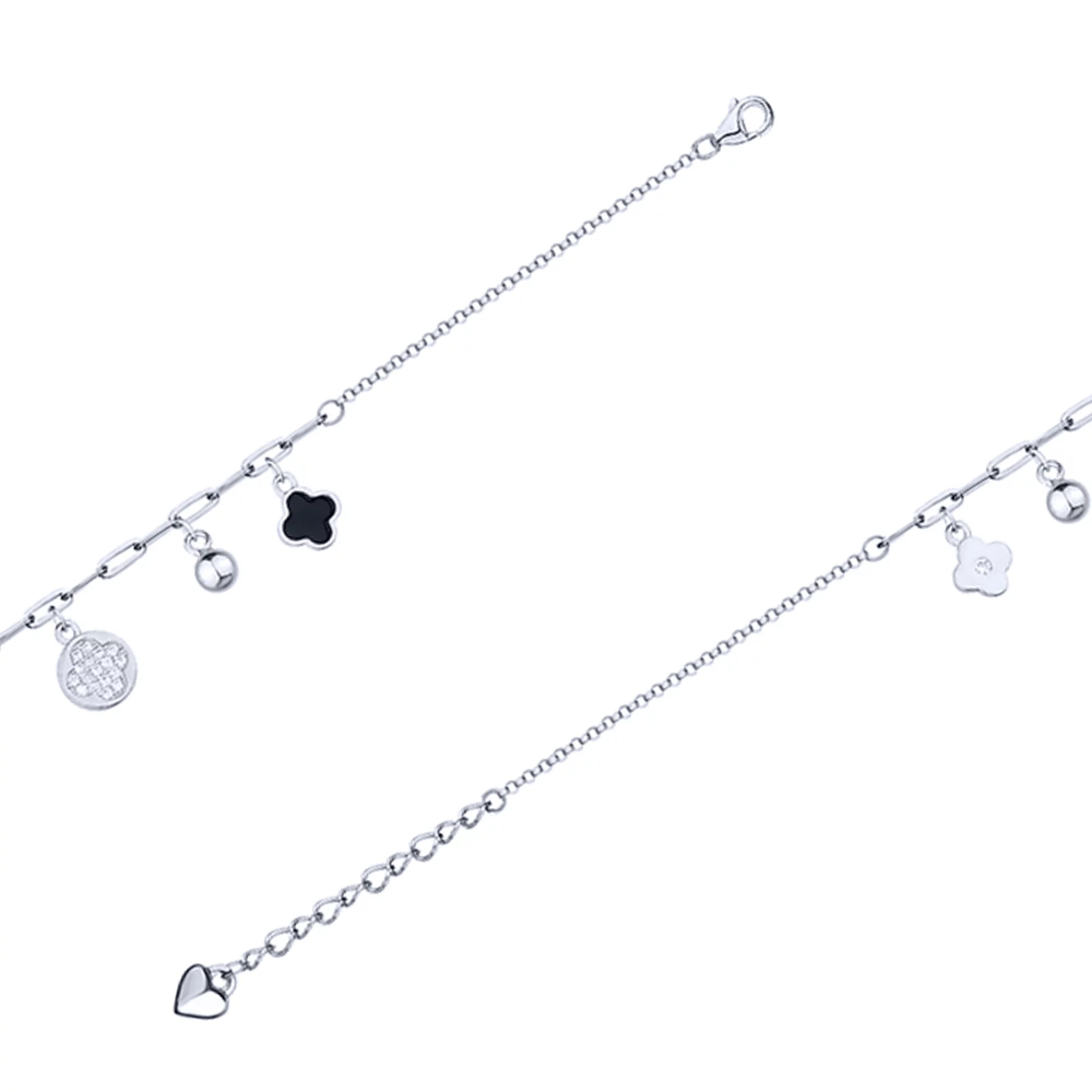 Серебряный браслет с подвесами "Клевер" фианитами и эмалью плетение якорь - 1618329 – изображение 1
