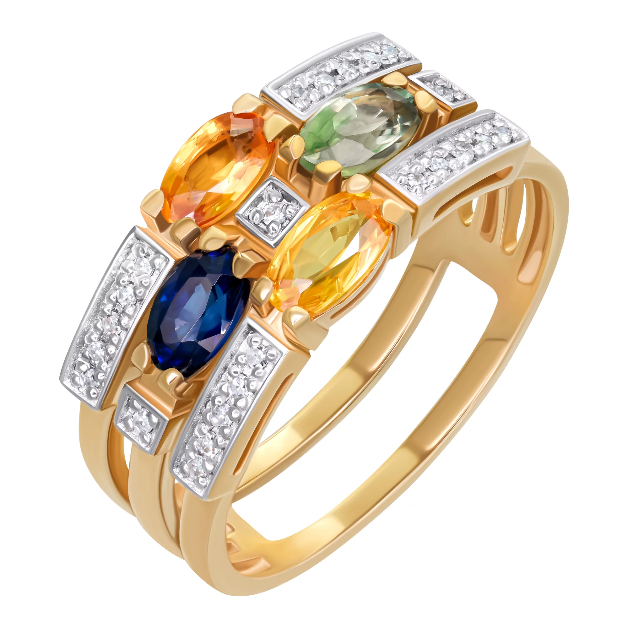 Кольцо из красного золота с бриллиантами и цветными сапфирами - 897033 – изображение 1