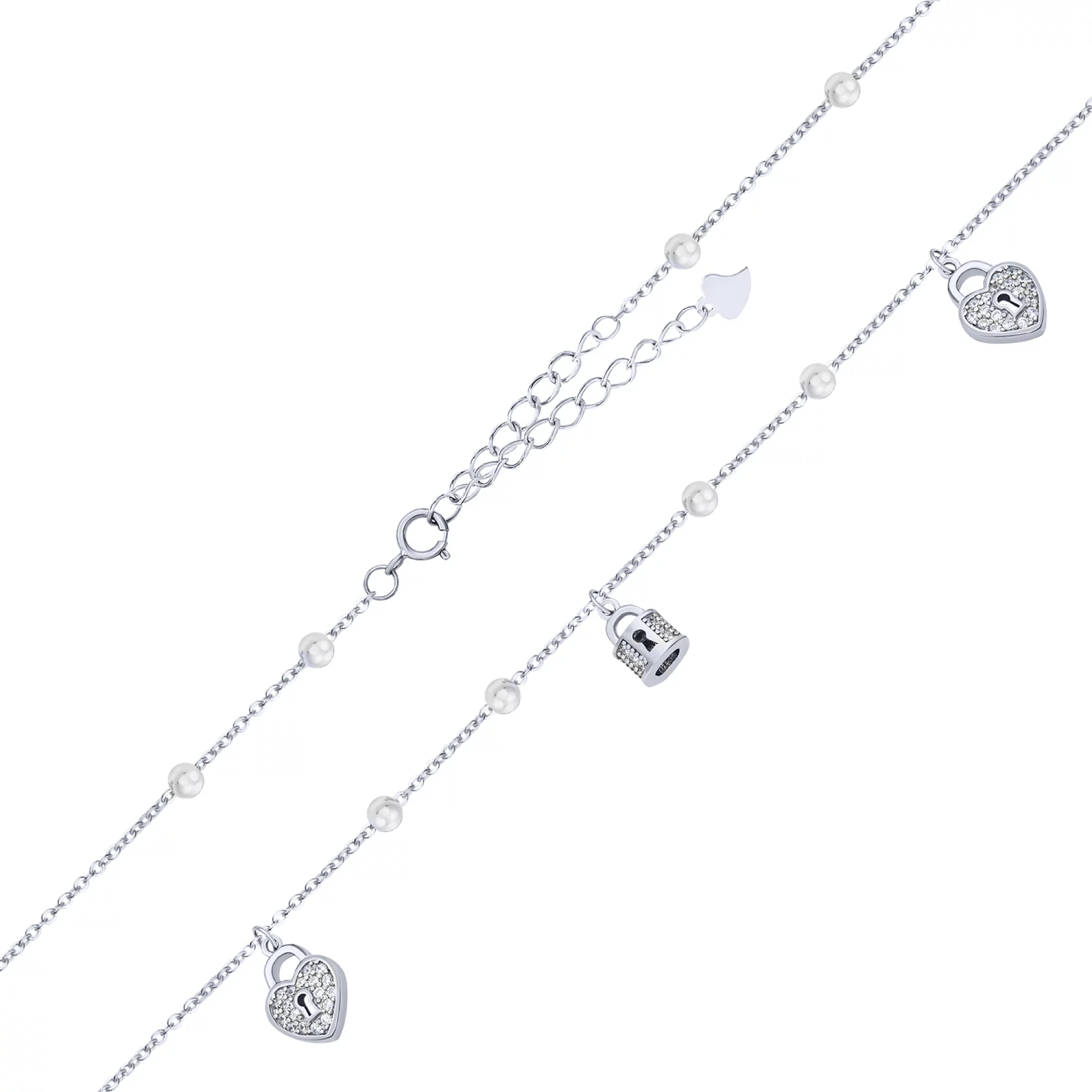 Срібний браслет з підвісами "Сердечка" з фіанітами плетіння якір - 1612545 – зображення 2