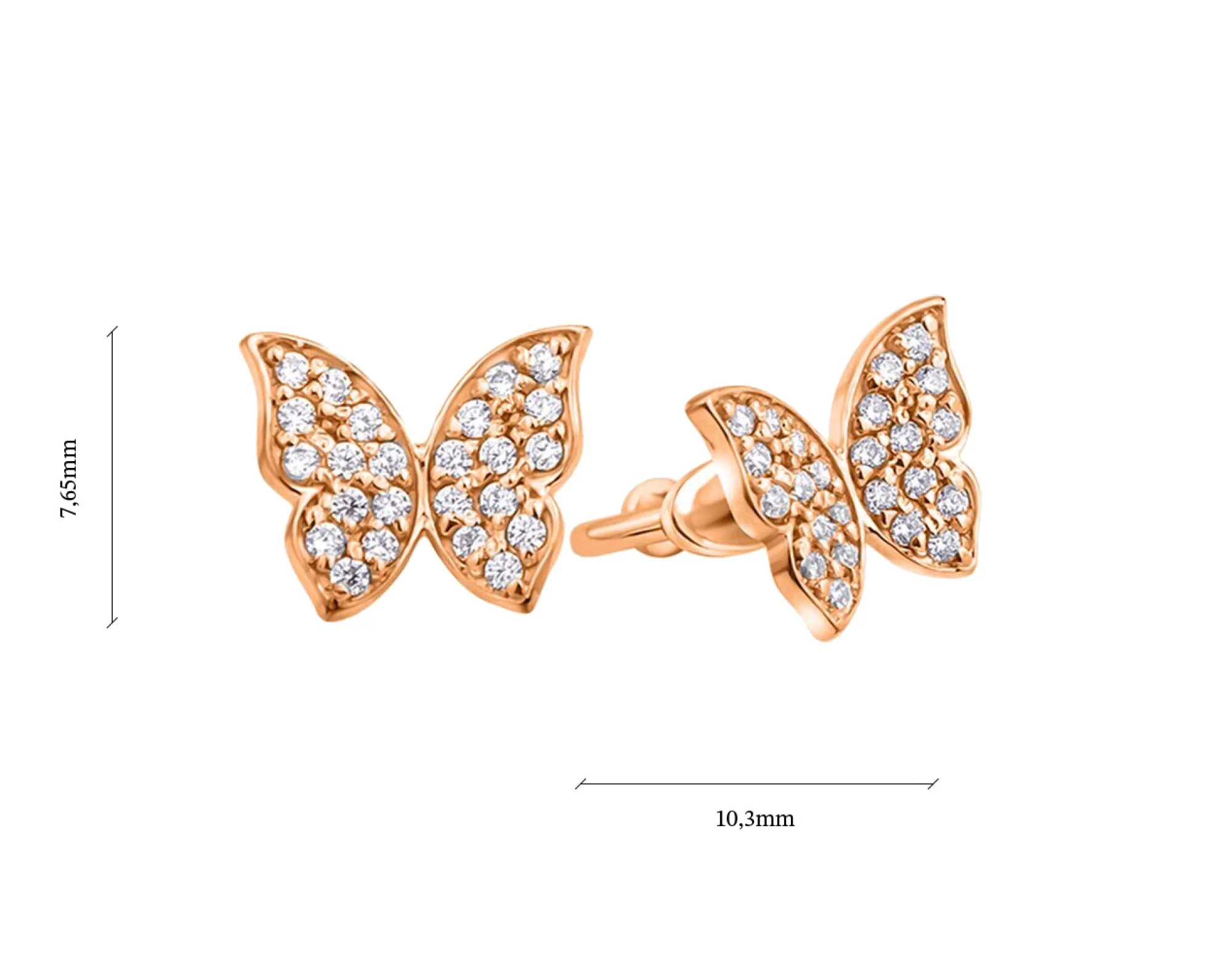 Золотые серьги-гвоздики "Бабочки" с фианитами - 603992 – изображение 2