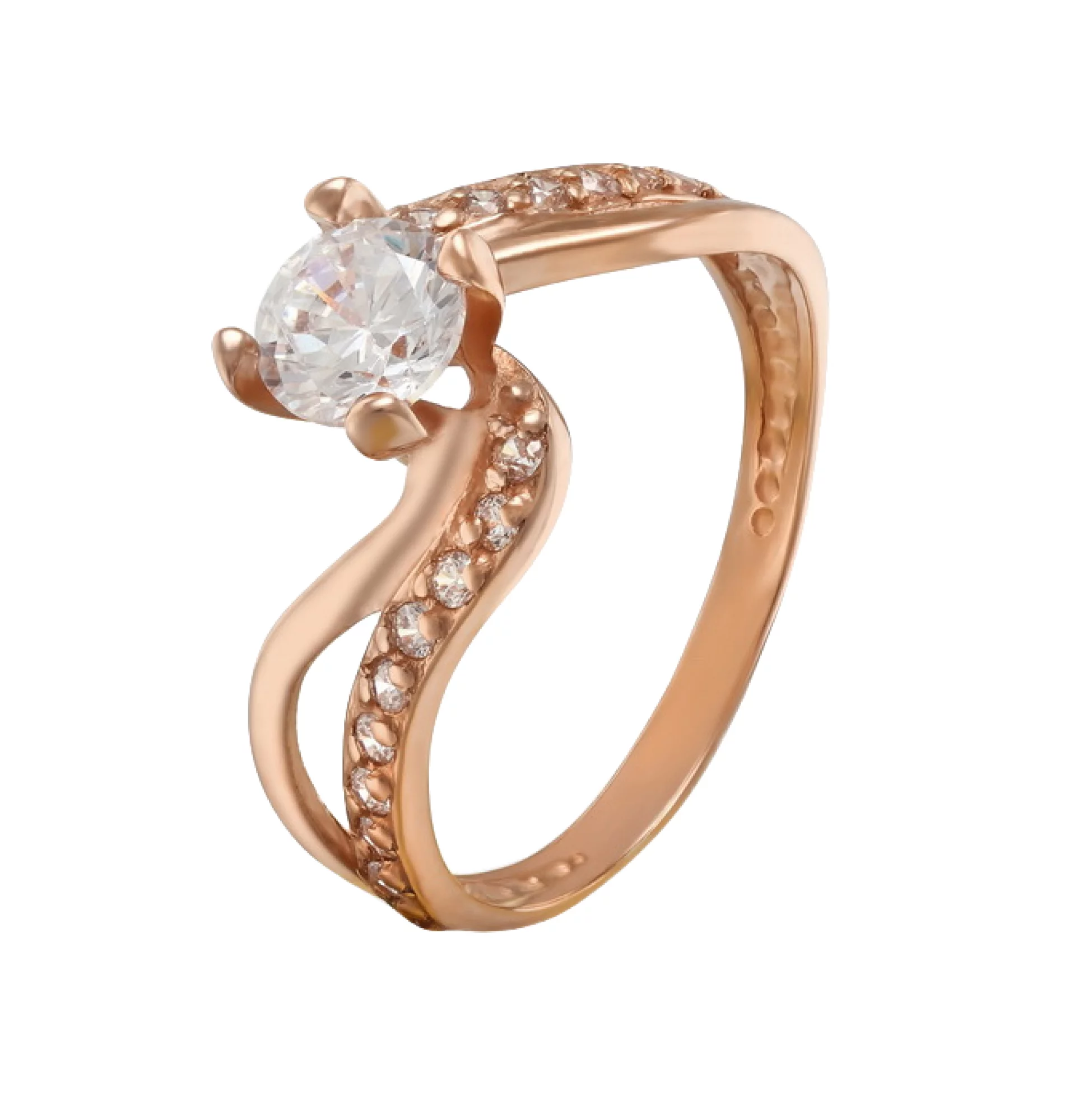 Кольцо помолвочное из красного золота с фианитом - 494859 – изображение 1