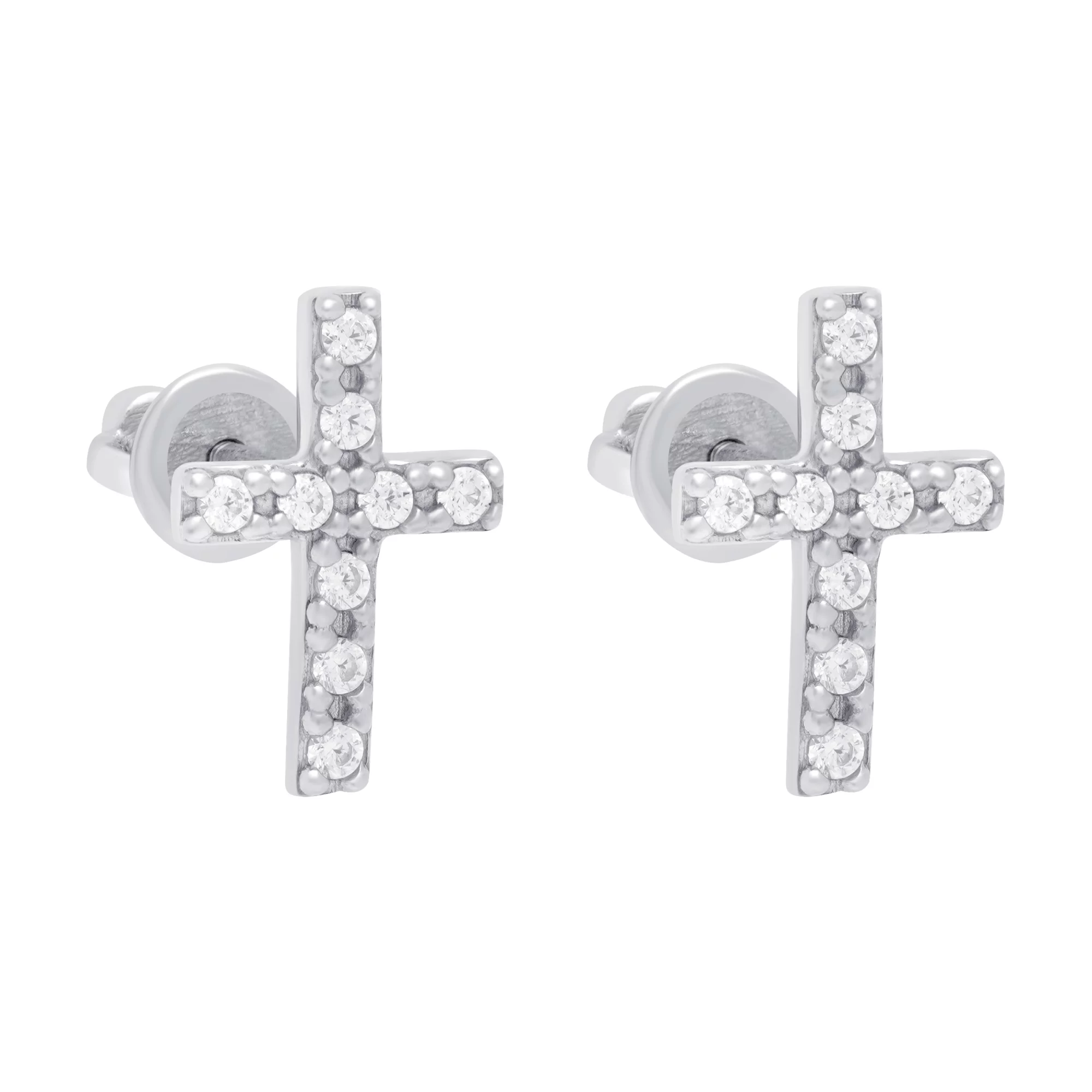 Сережки-гвоздики "Хрестик" срібні з фіанітами - 1669033 – зображення 1