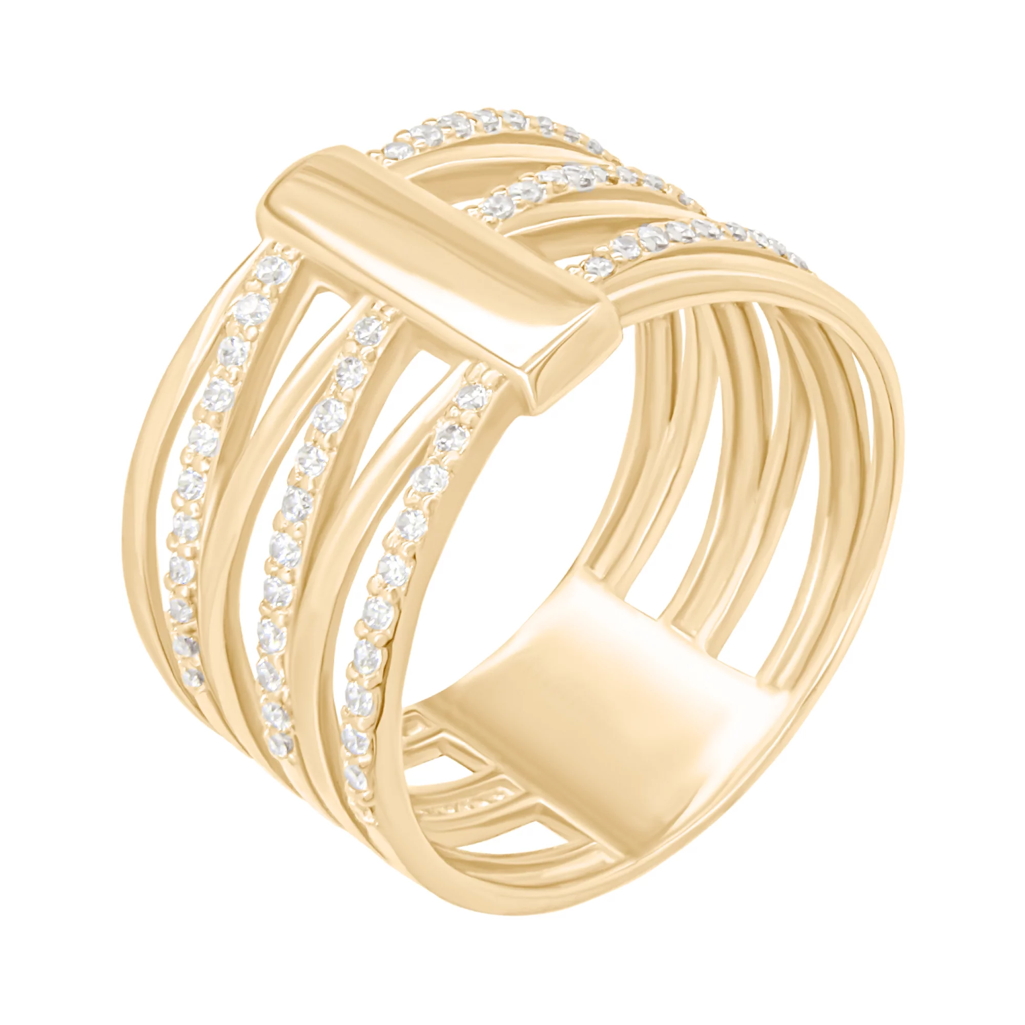 Широкое кольцо с дорожками фианитов из красного золота - 1782620 – изображение 1
