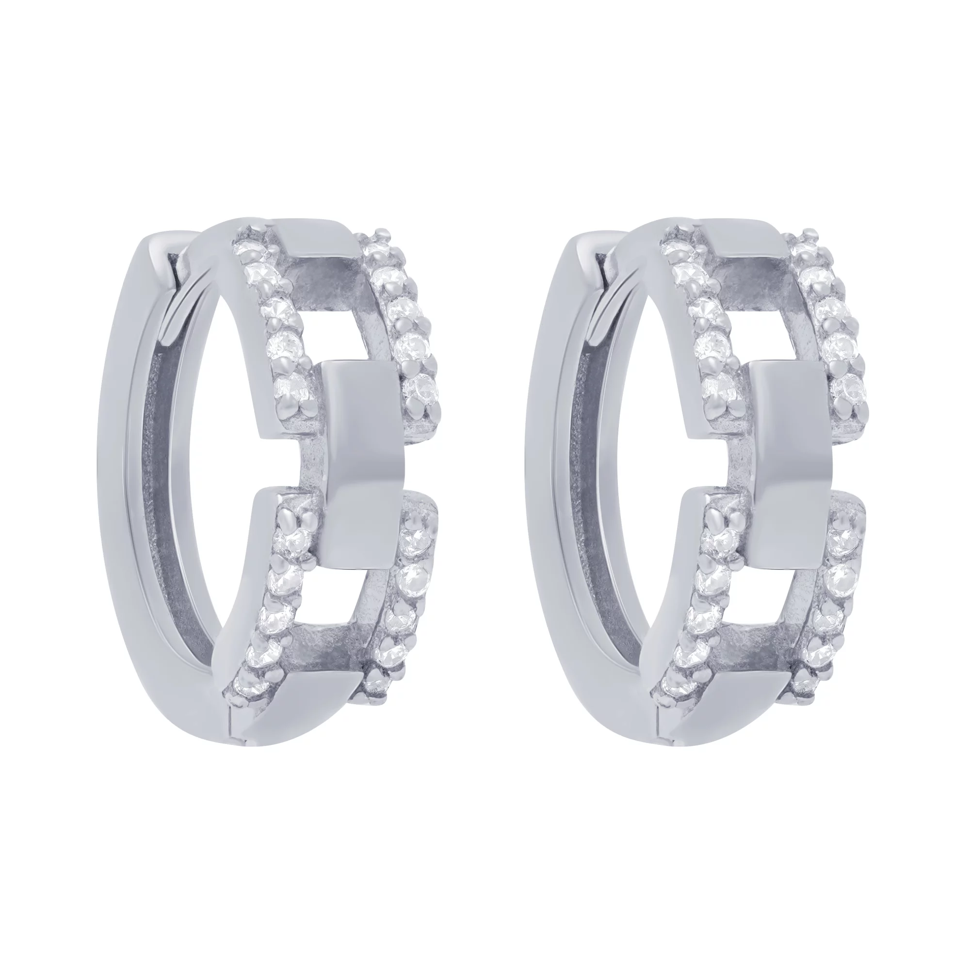 Срібні сережки-кільця "Ланки" з фіанітами - 1668487 – зображення 1