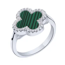 Каблучка зі срібла "Конюшина" з малахітом та доріжкою фіанітів - 1787192