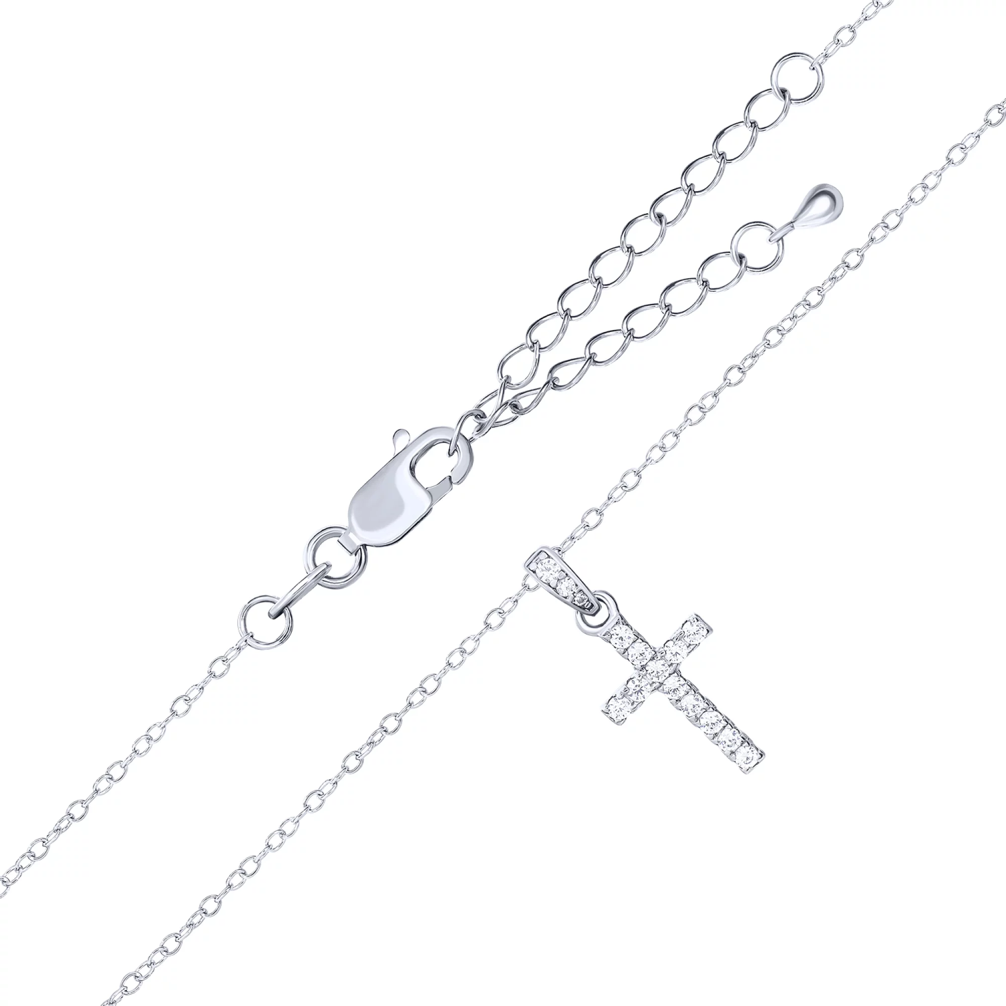 Ланцюжок срібний з підвіскою "Хрест" та фіанітами якірне плетіння - 1592039 – зображення 2