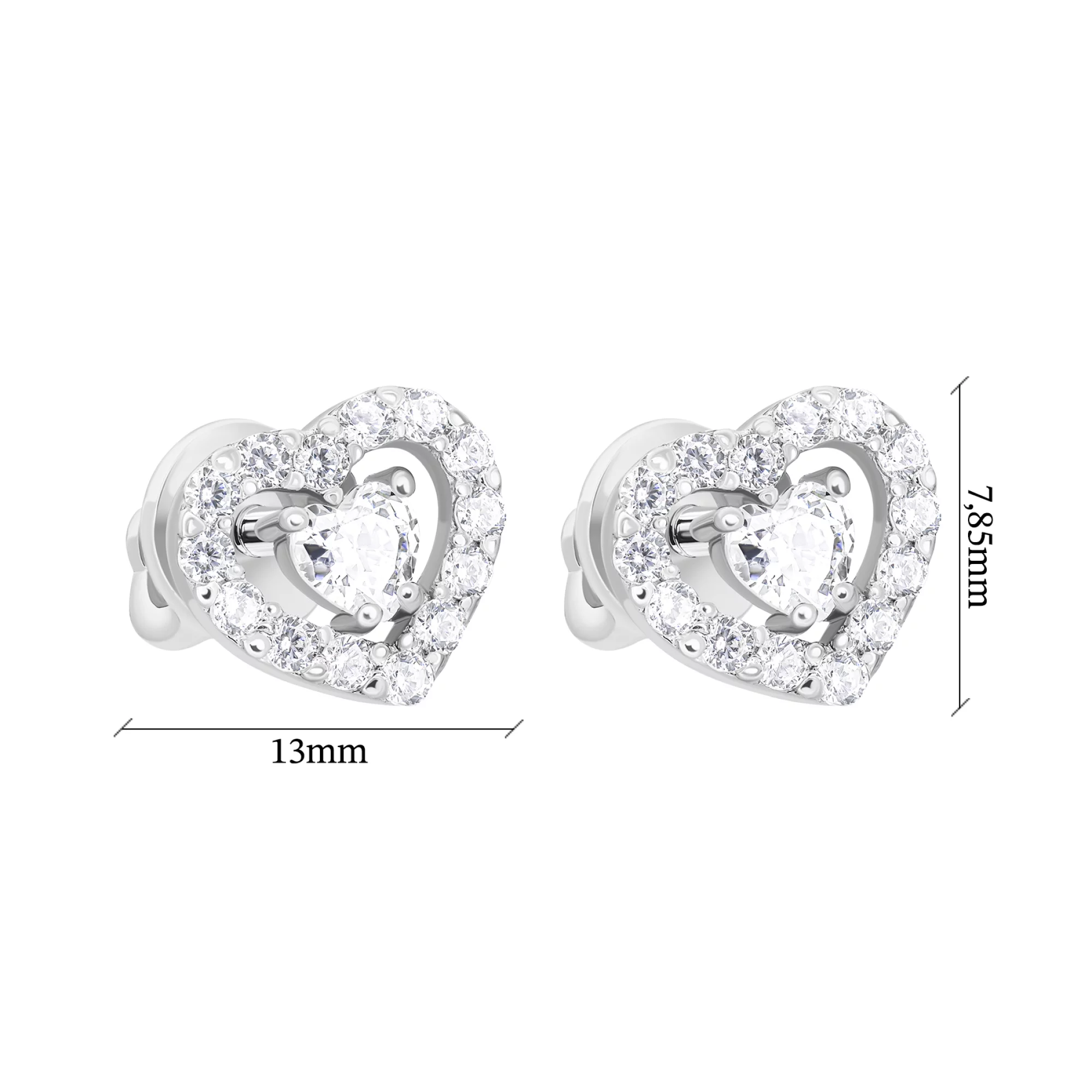 Серьги-гвоздики в серебре "Сердце" с фианитами - 1579433 – изображение 3