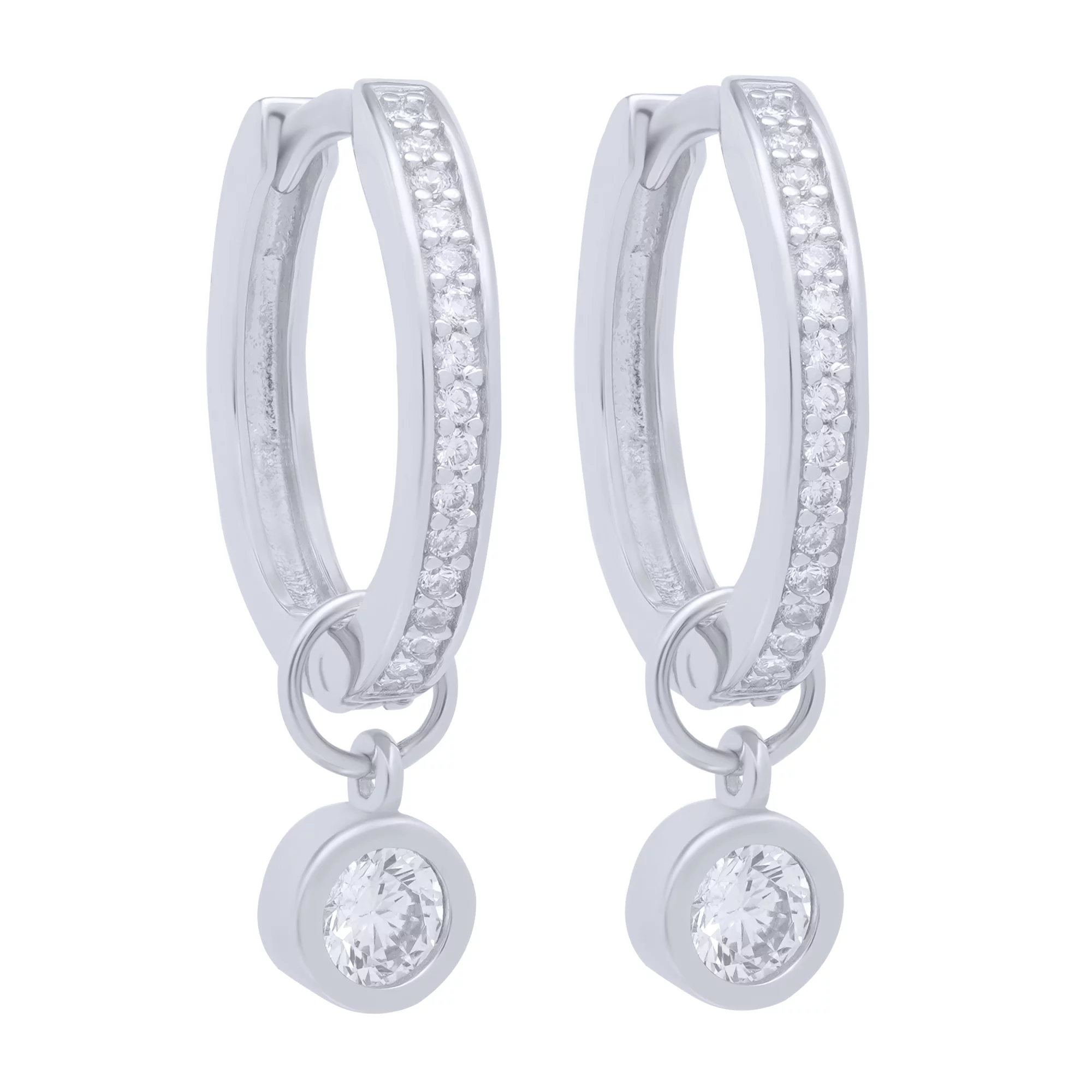Срібні сережки-кільця з підвіскою та фіанітами - 1683251 – зображення 1