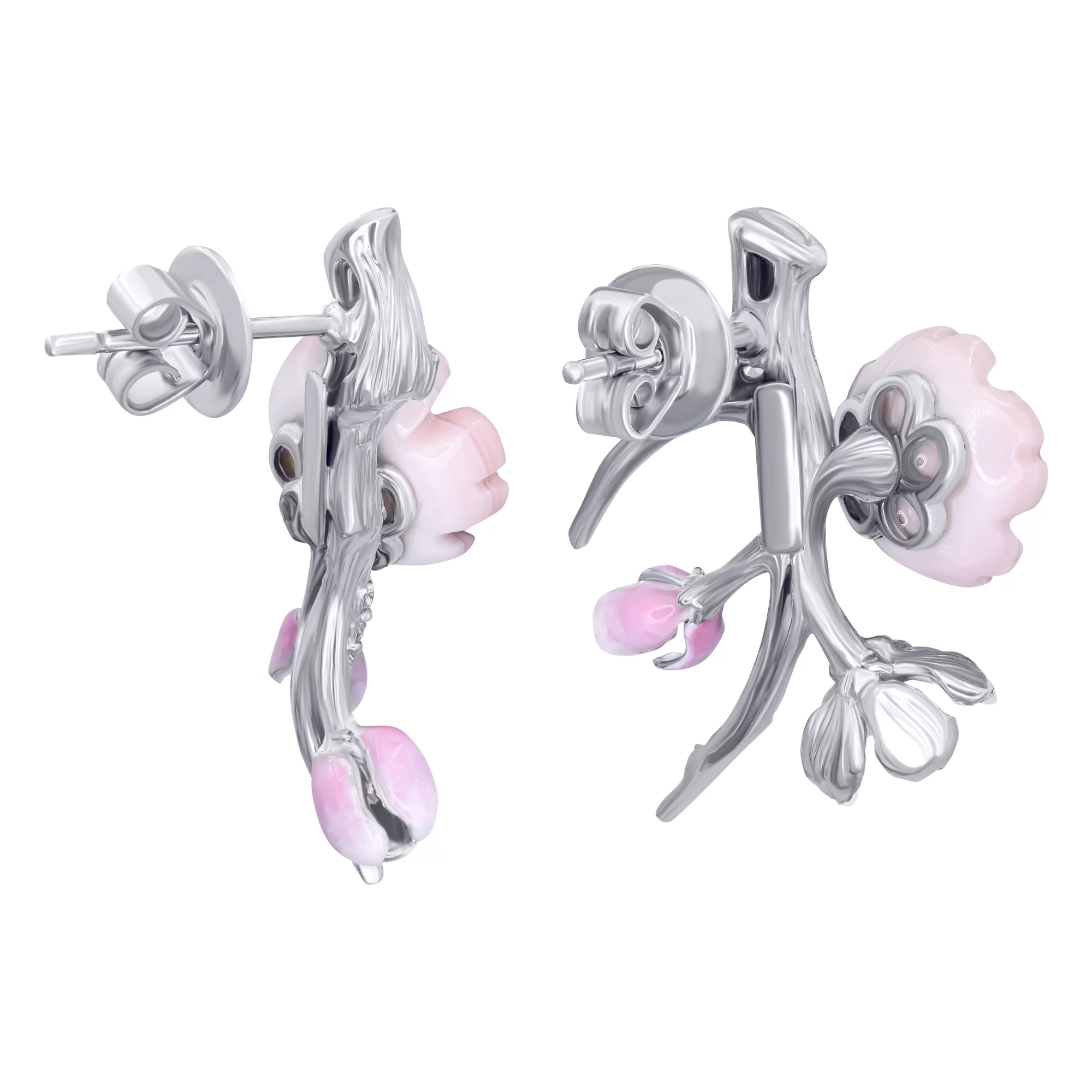 Сережки-гвоздики из серебра с эмалью и фианитом - 896642 – изображение 2