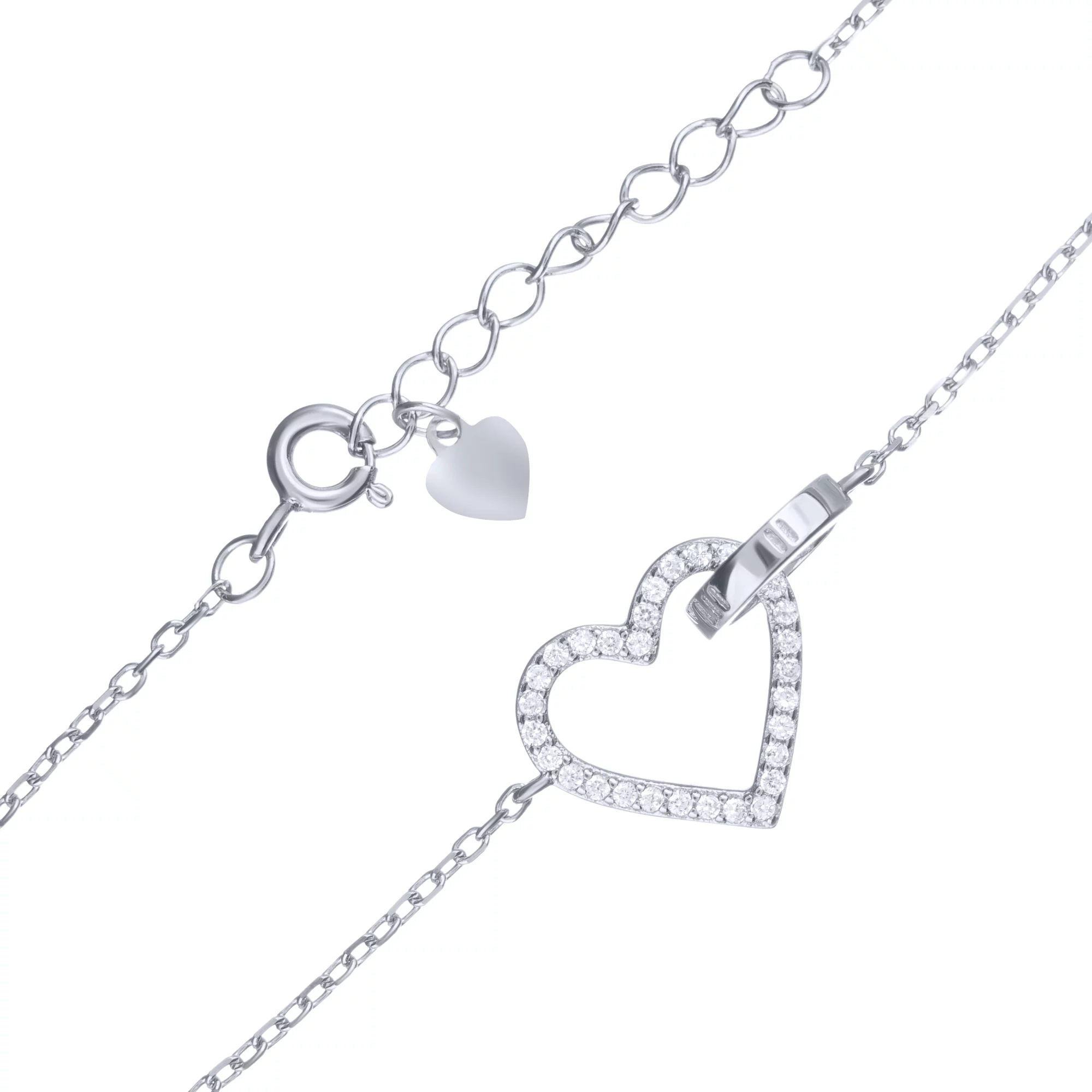 Срібний браслет з фіанітом "Серце" якірне плетіння - 1688461 – зображення 2