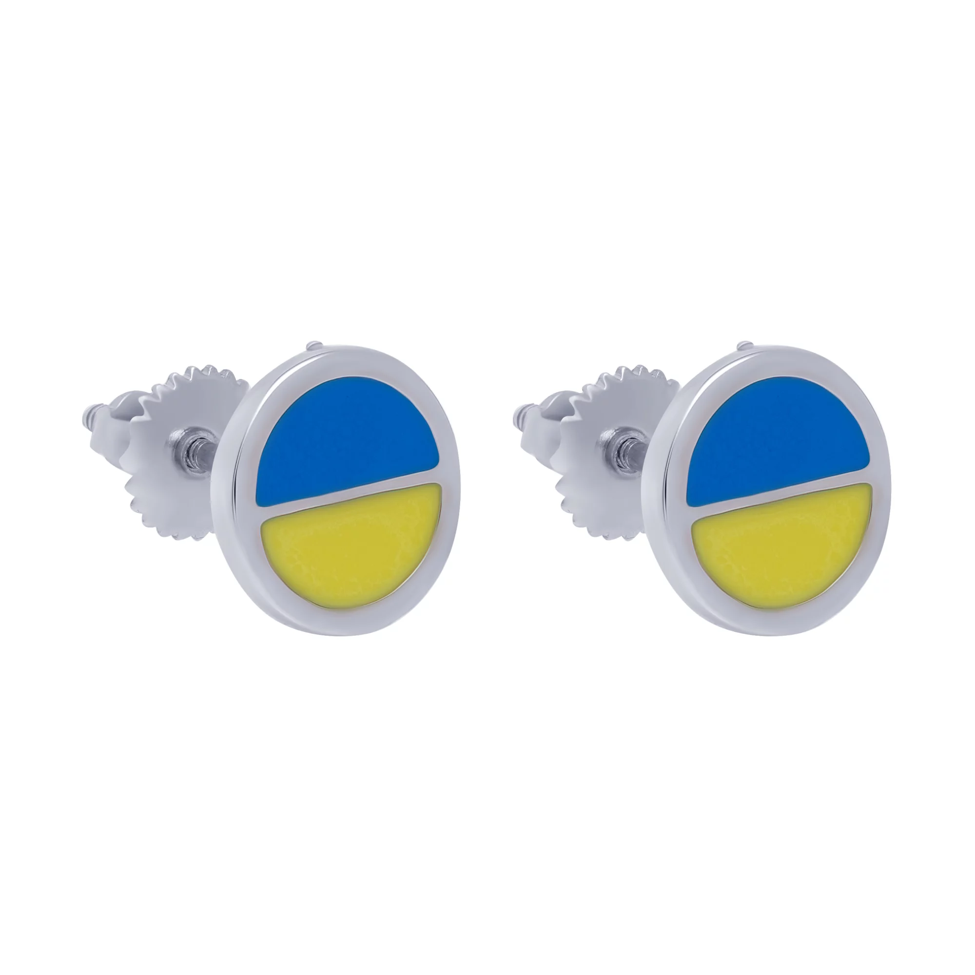 Серебряные серьги-гвоздики "Флаг Украины" с эмалью - 1664219 – изображение 1