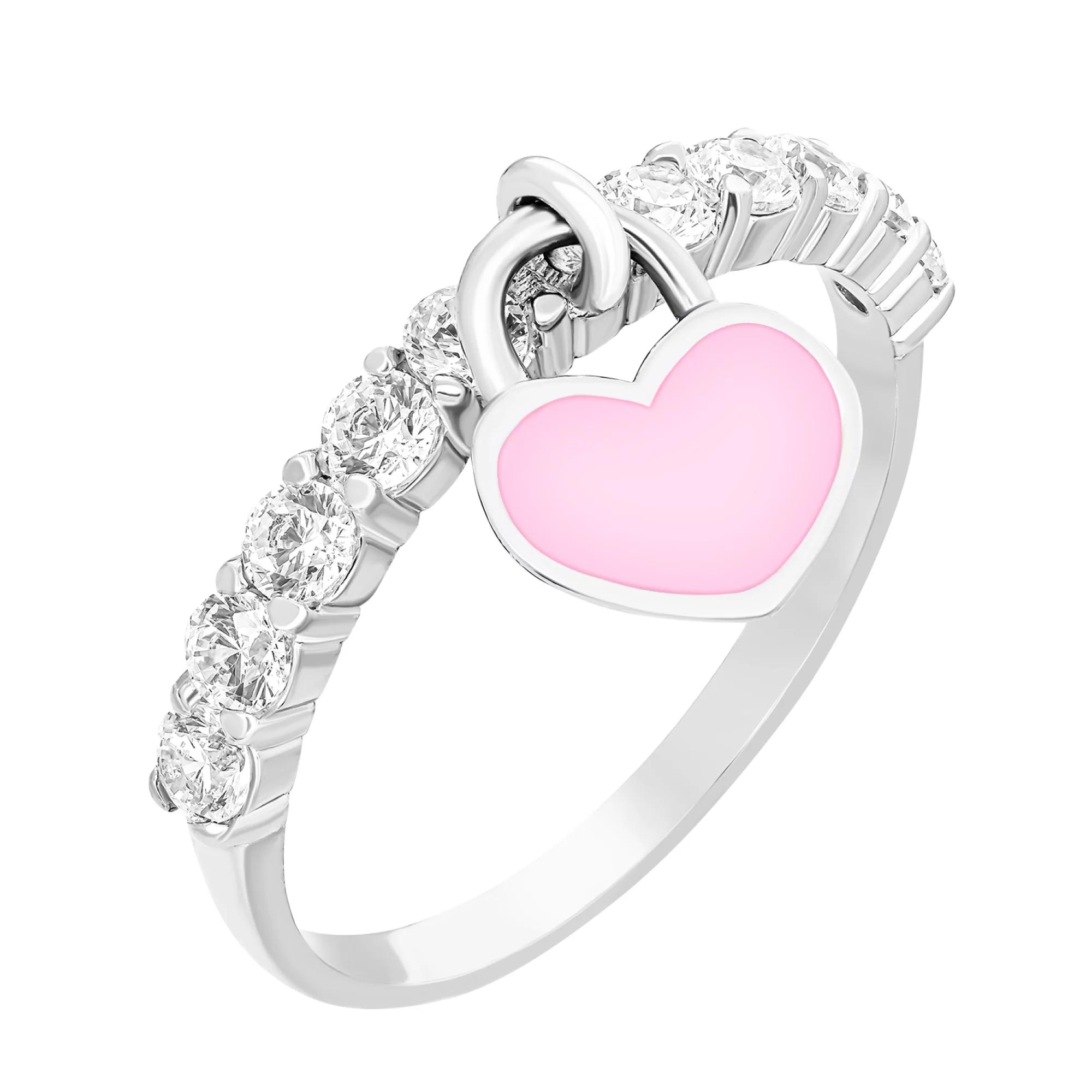 Серебряное кольцо с дорожкой фианитов и подвеской "Сердце" с эмалью - 1552580 – изображение 1