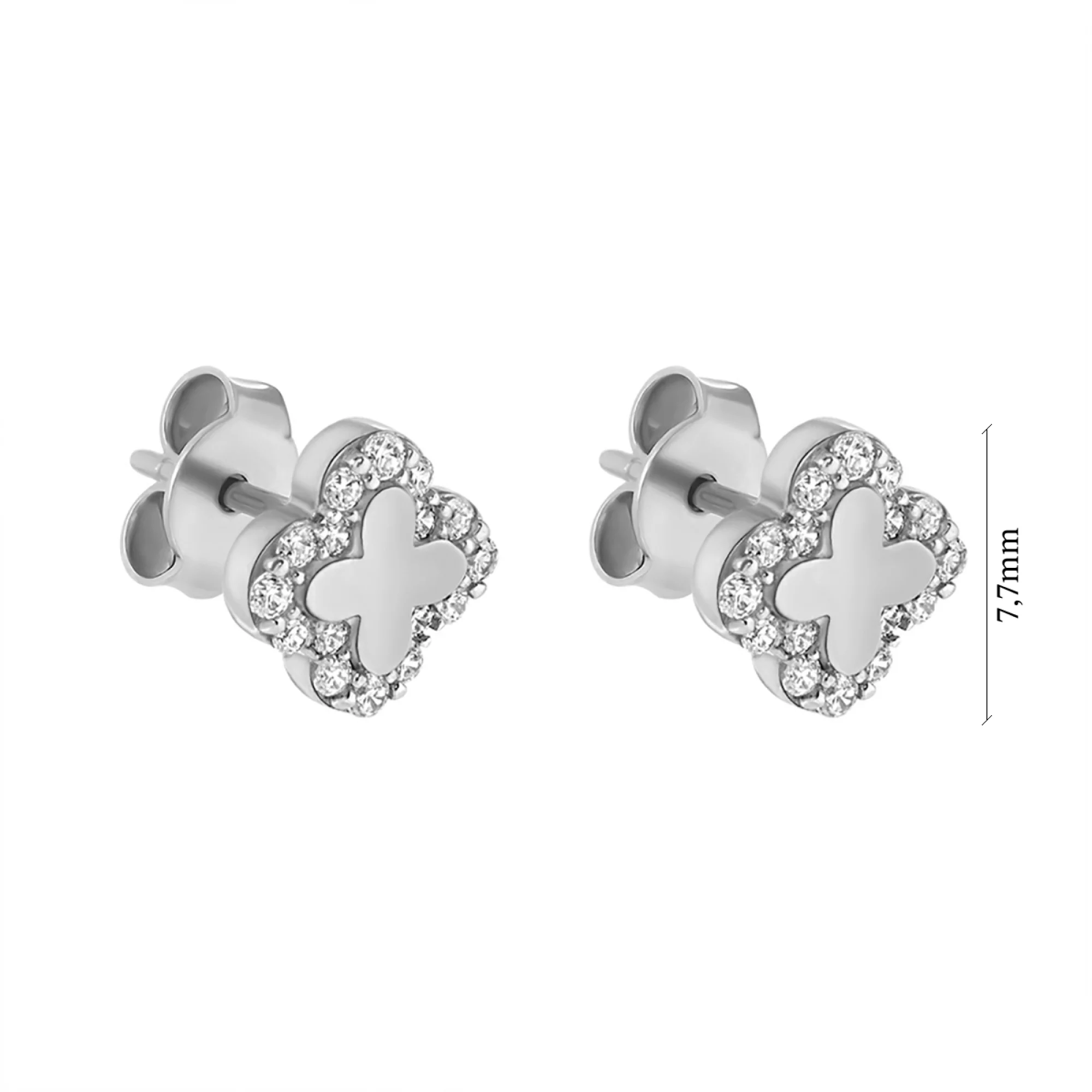 Сережки-гвоздики из белого золота Клевер с фианитом - 1095065 – изображение 2