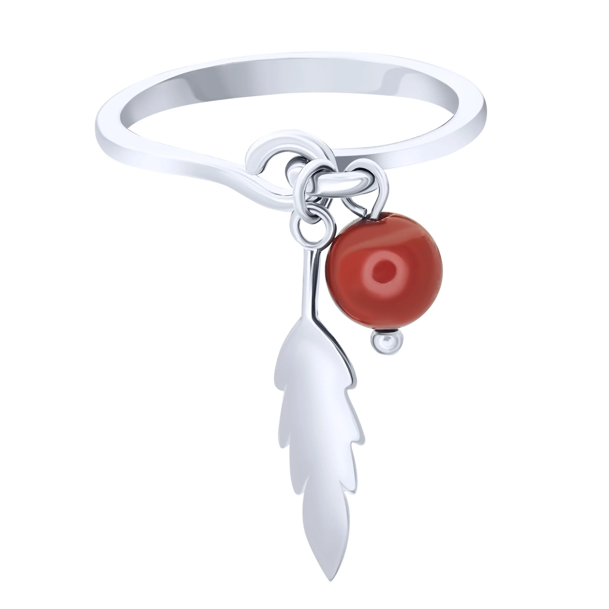 Серебряное кольцо с подвесным кораллом и листочком - 1742852 - 2