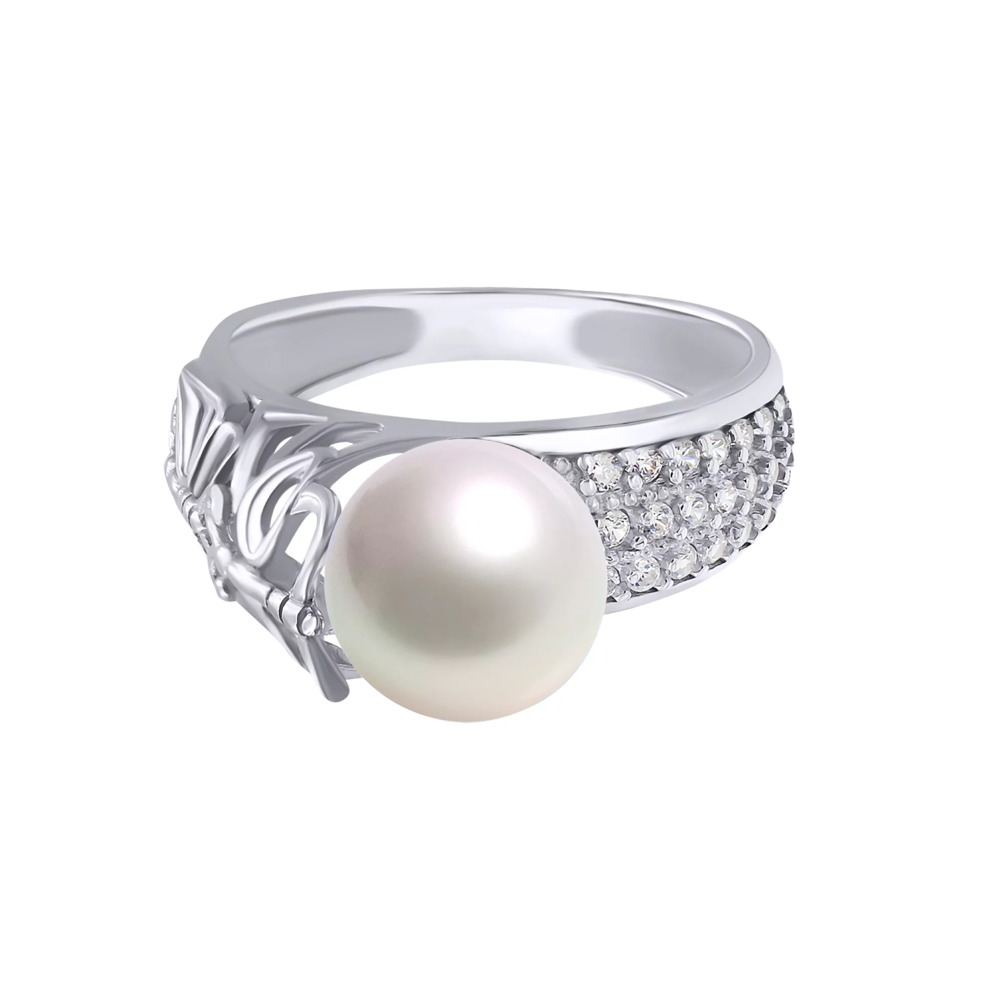 Серебряное кольцо с жемчужиной и фианитом - 771821 – изображение 2