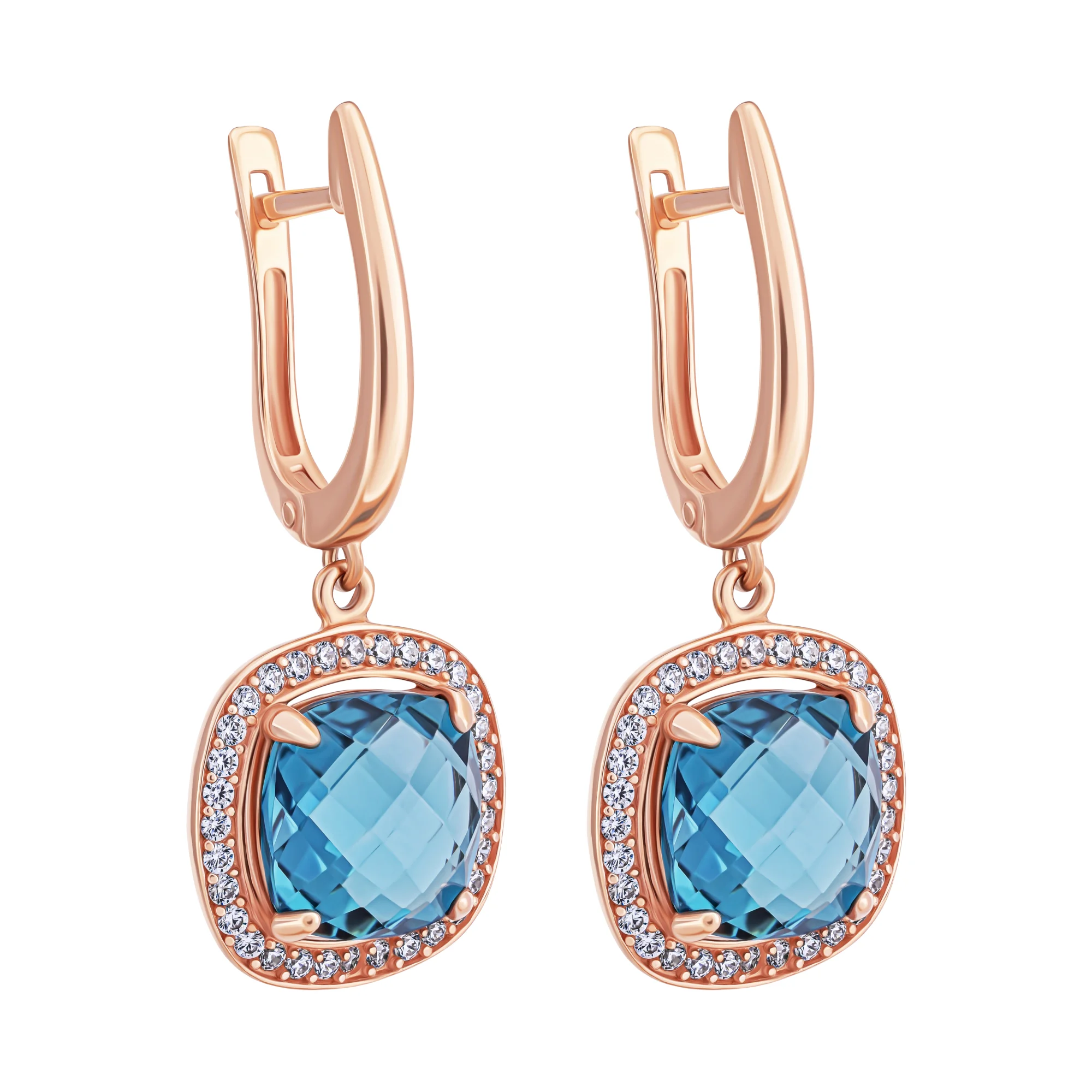 Сережки з підвісами з червоного золота з топазом лондон і фіанітами - 1919551 - 1