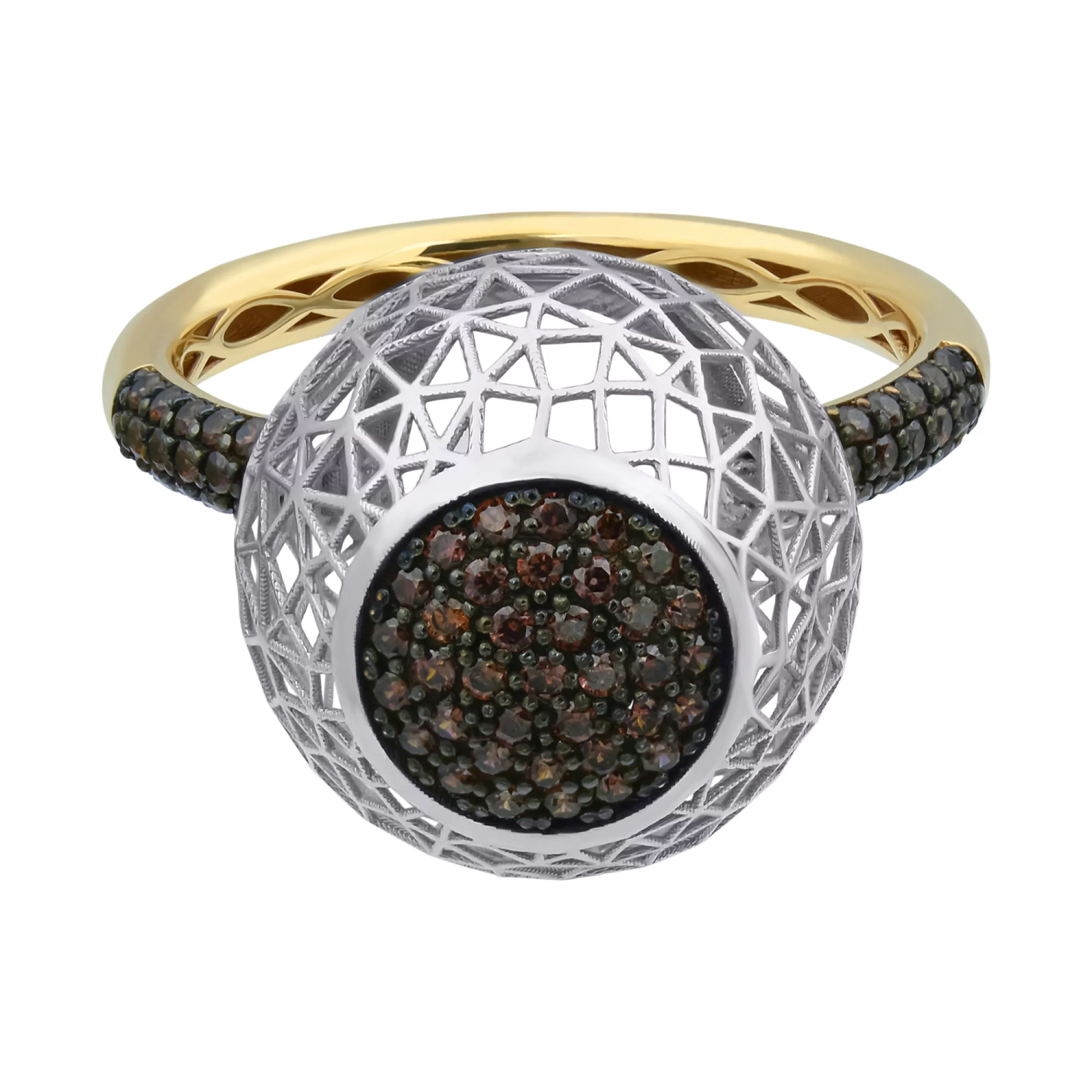 Кольцо "Шар" из комбинированного золота с коричневым фианитом с орнаментом - 482909 – изображение 2