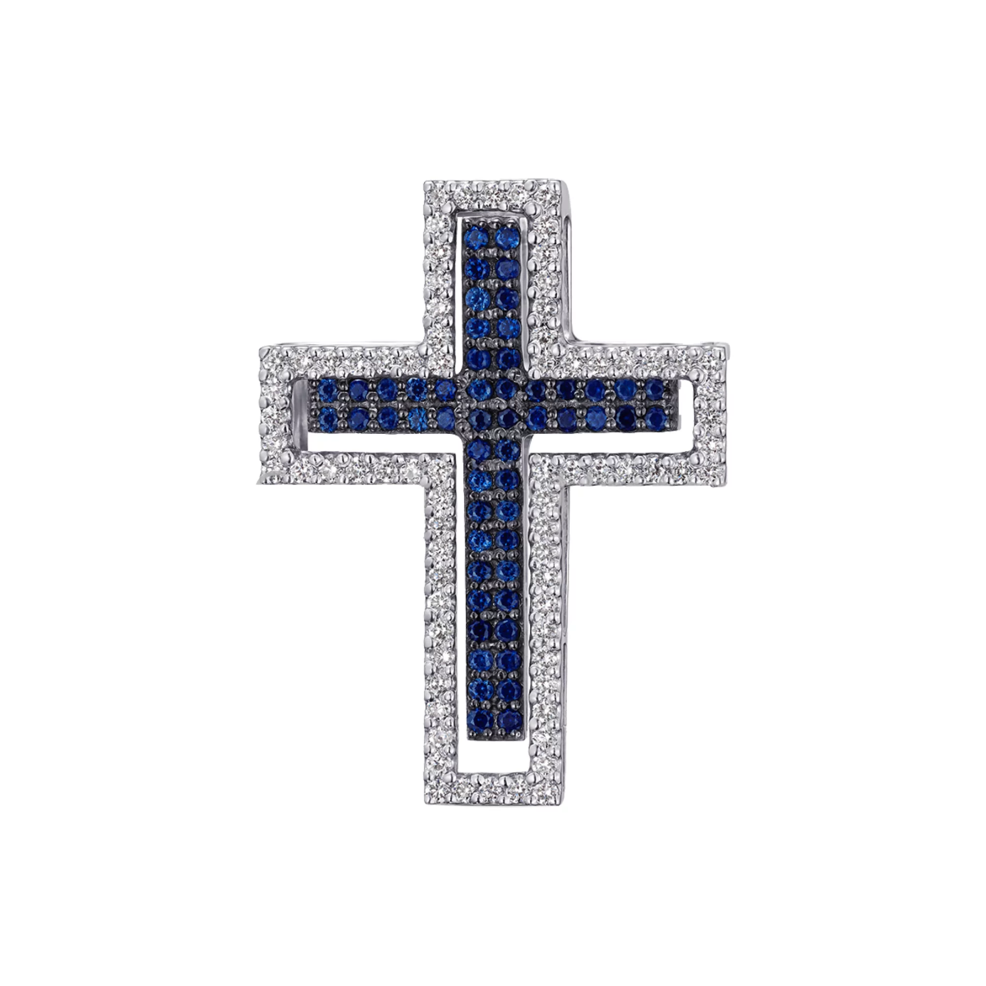 Крестик из белого золота с бриллиантами и сапфирами - 965312 – изображение 1