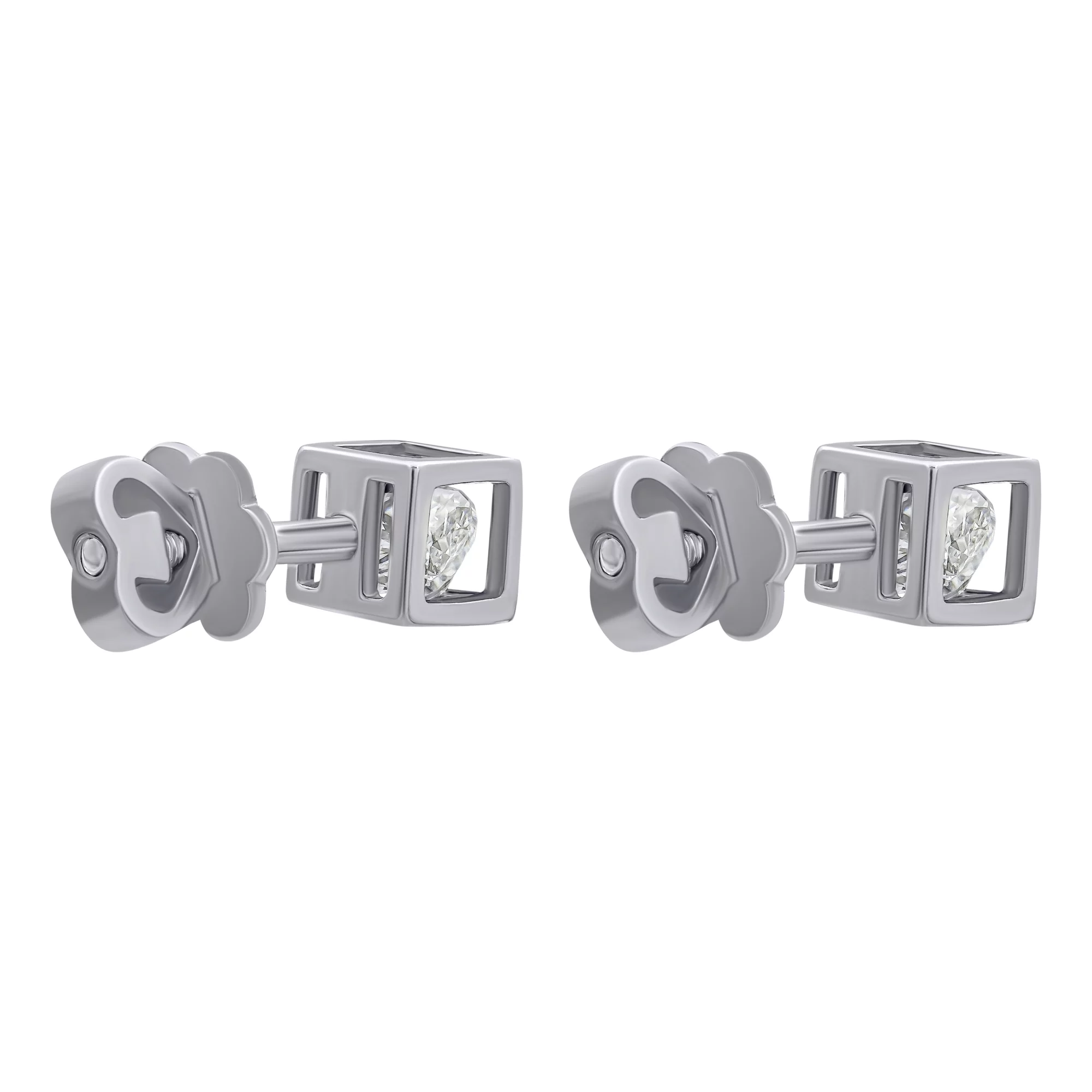 Серебряные серьги-гвоздики с фианитом "Куб" - 804652 – изображение 2