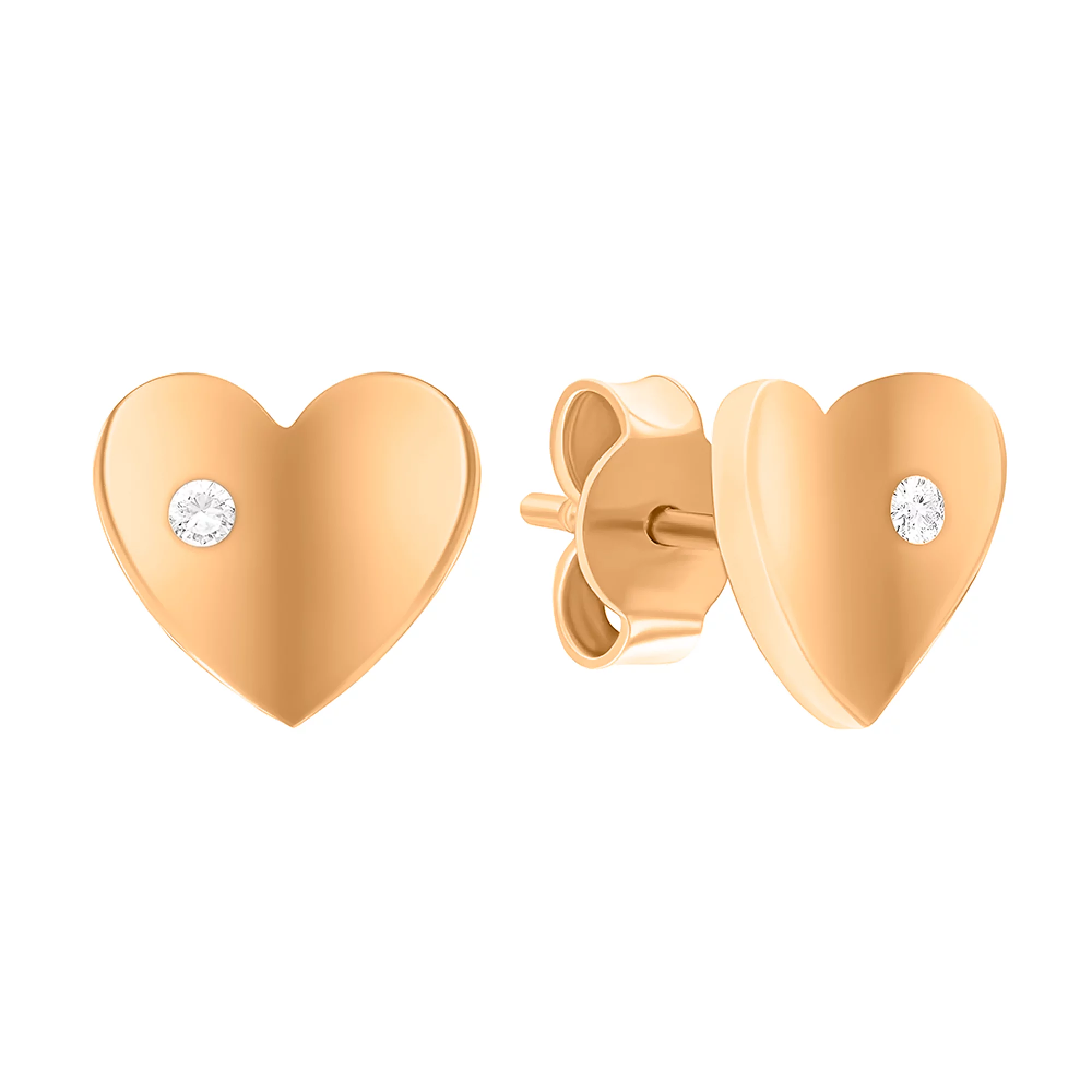 Сережки-гвоздики из красного золота с фианитом "Сердце" - 965947 – изображение 1