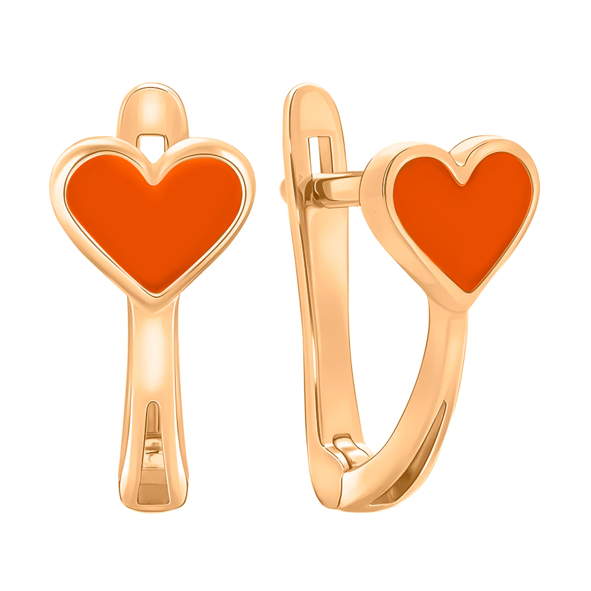 Золоті сережки з помаранчевою емаллю "Серця" - 406816 – зображення 1