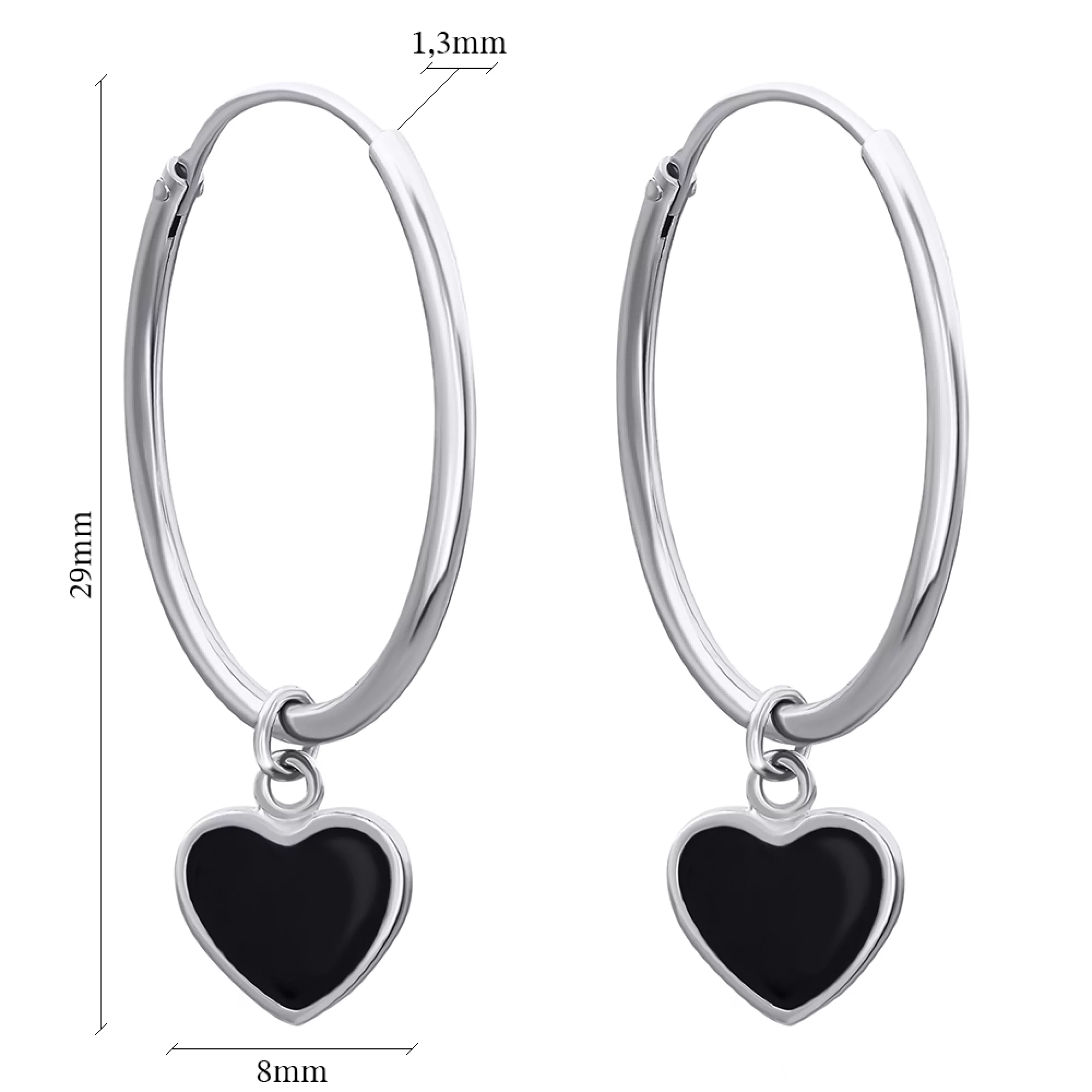 Сережки-кольца серебряные с эмалью "Сердечки" - 1483511 – изображение 2
