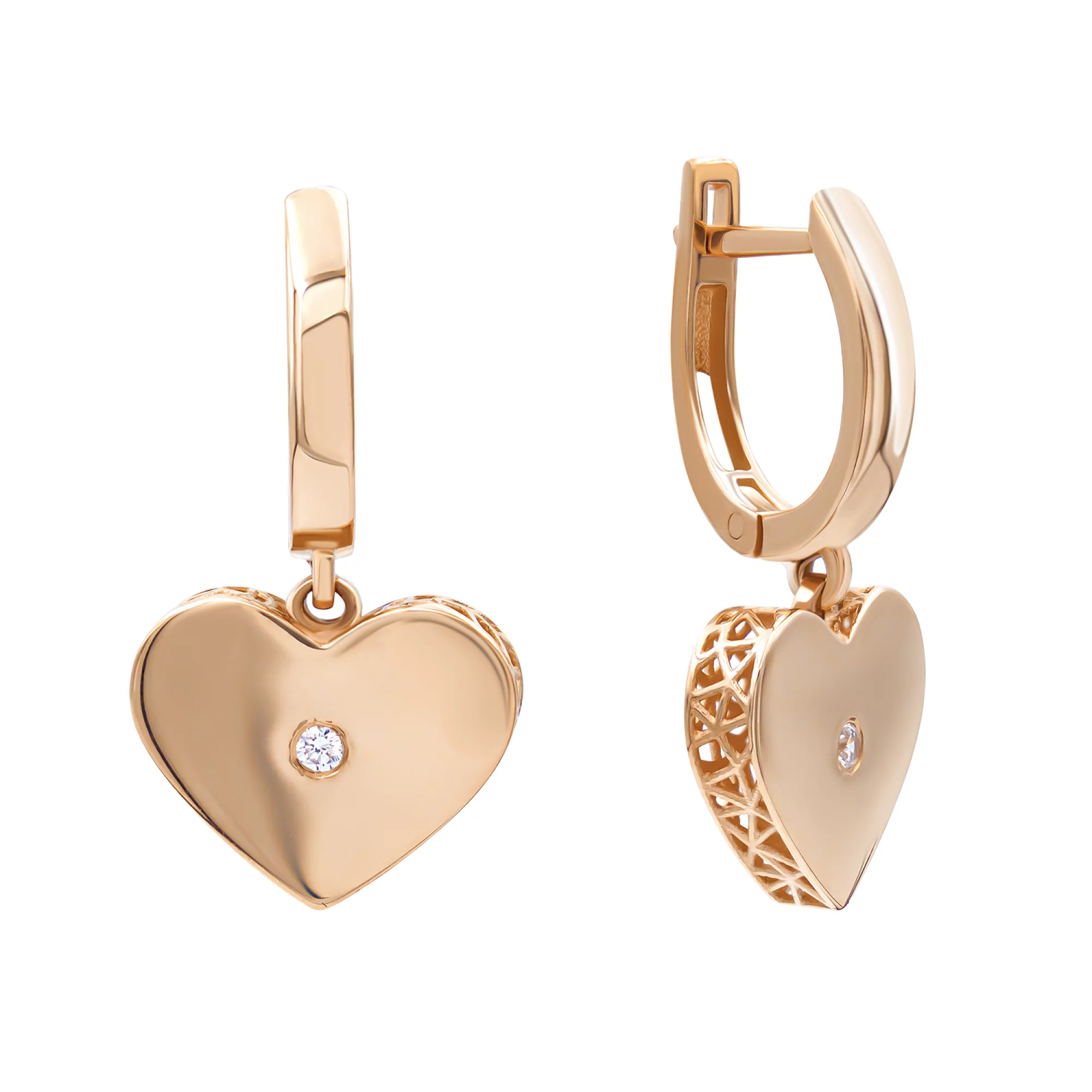 Золотые серьги с фианитом с подвесами "Сердце" - 406796 – изображение 3