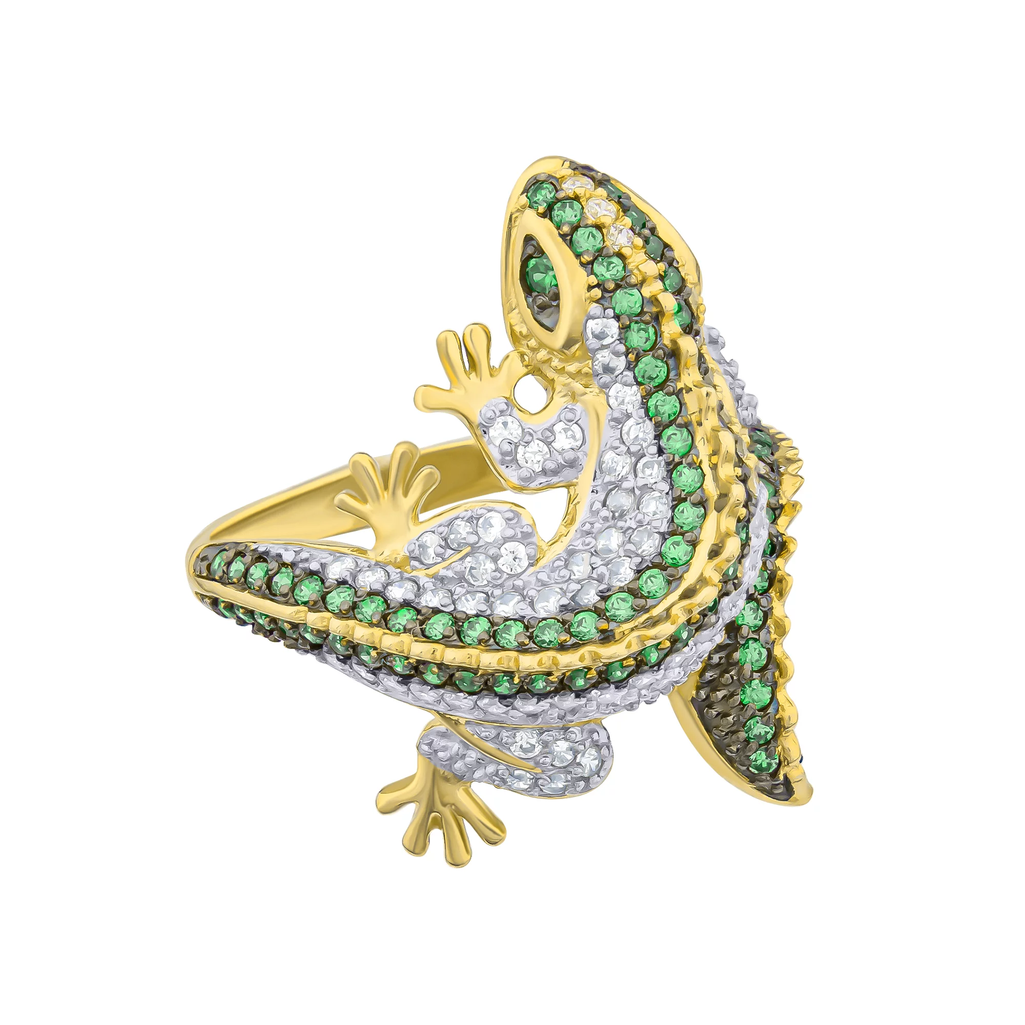 Золотое кольцо с бело-зелеными фианитами "Ящерица" - 637056 – изображение 2