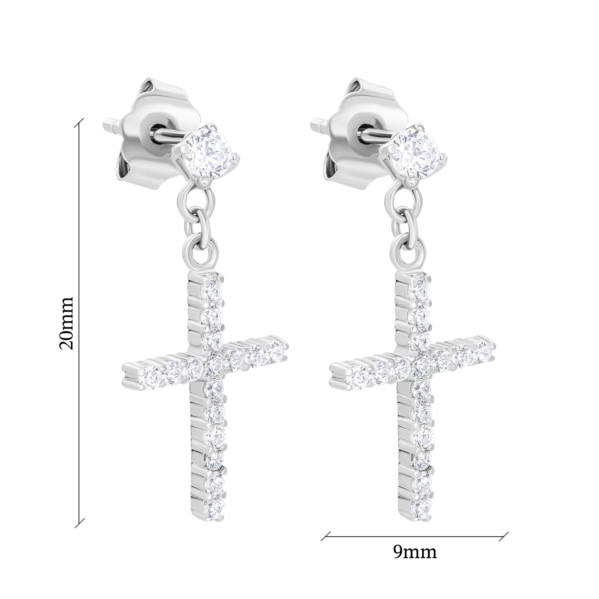 Сережки-гвоздики зі срібла з підвісками "Хрестик" з доріжкою фіанітів - 1558855 – зображення 3