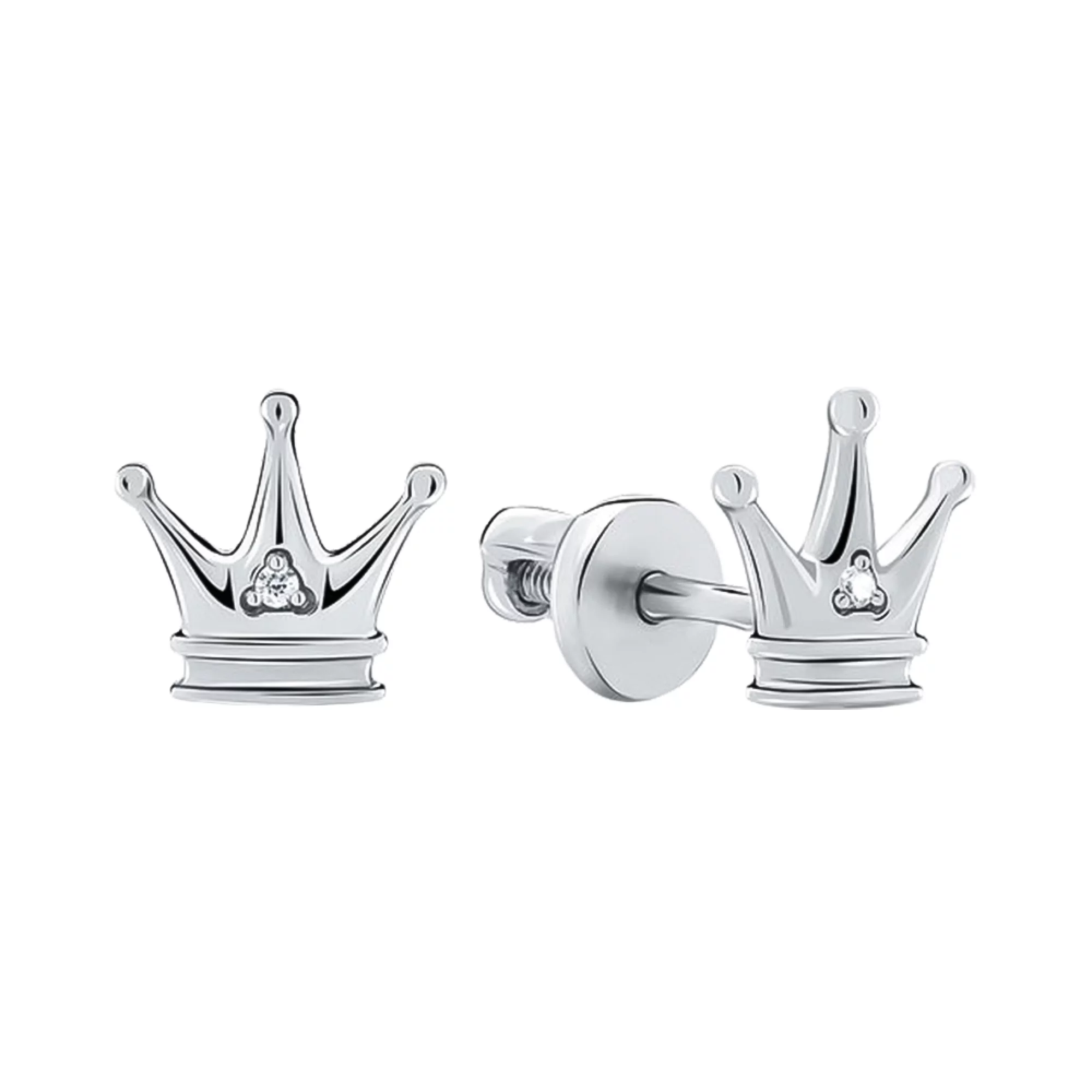 Серебряные серьги-гвоздики "Корона" с фианитом - 407831 – изображение 1