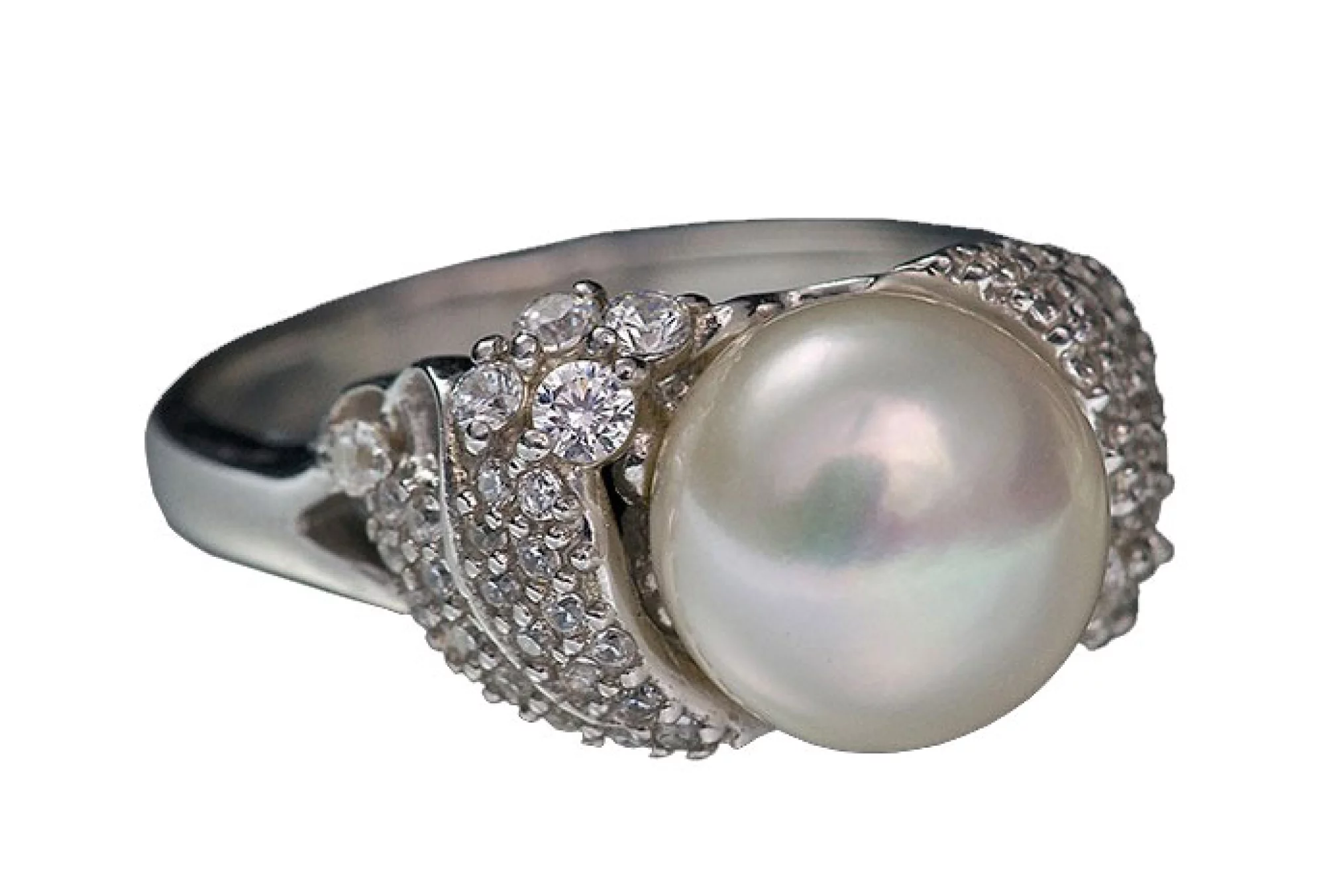 Серебряное кольцо с жемчугом и фианитом - 1446769 – изображение 1