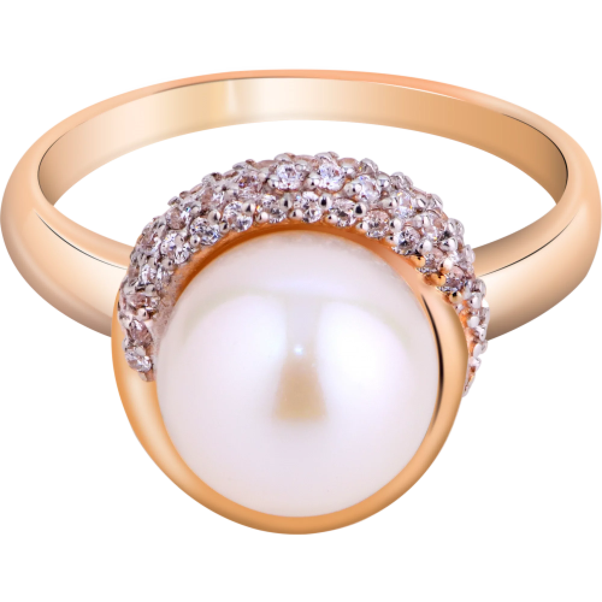 Золотое кольцо с жемчугом и фианитом - 538644 – изображение 1