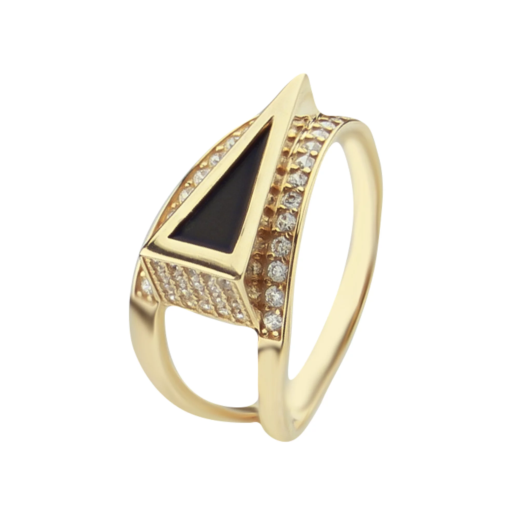 Золотое кольцо с агатом и фианитами "Треугольник" - 495168 – изображение 1