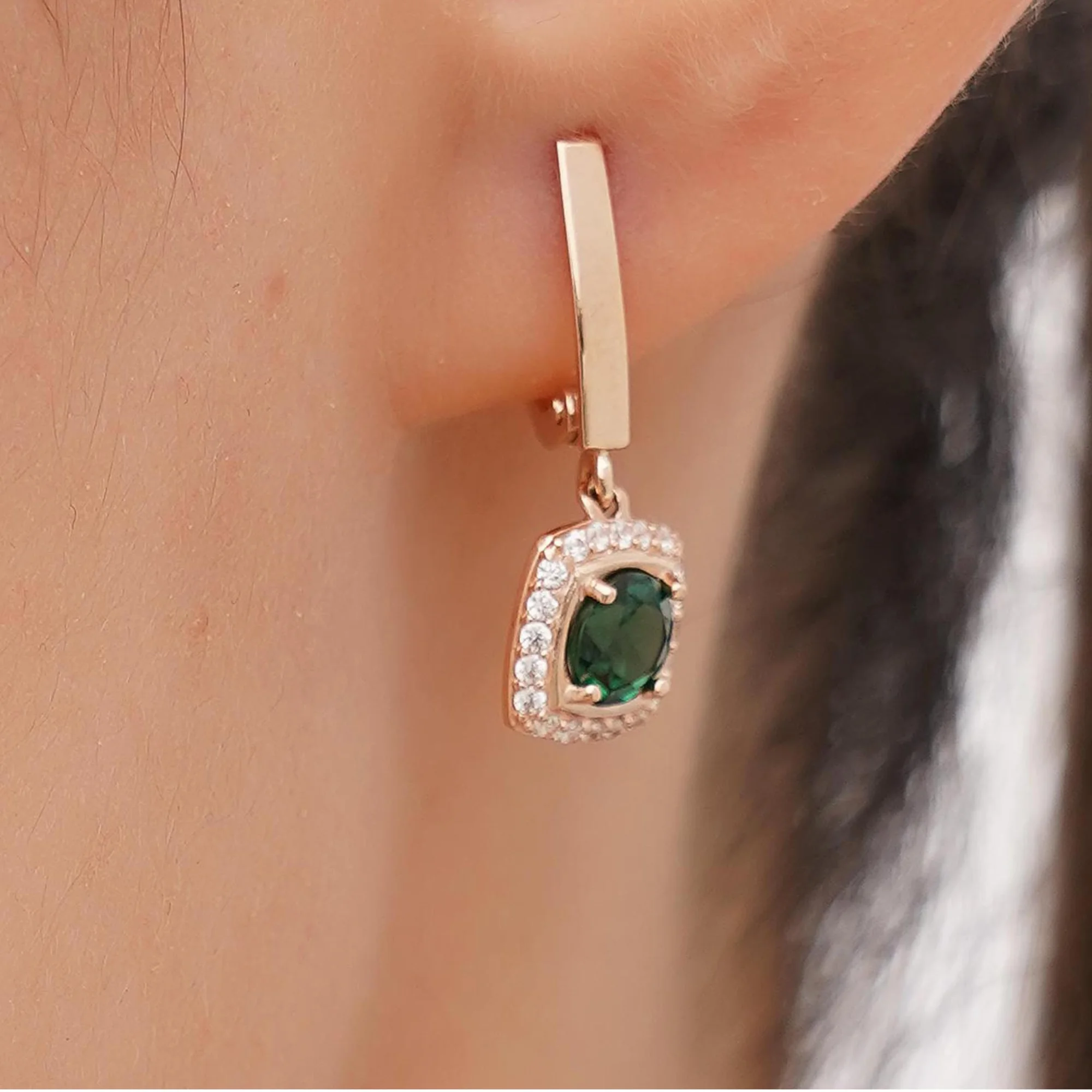 Сережки из красного золота с подвесным турмалином и фианитами - 1687879 - 1