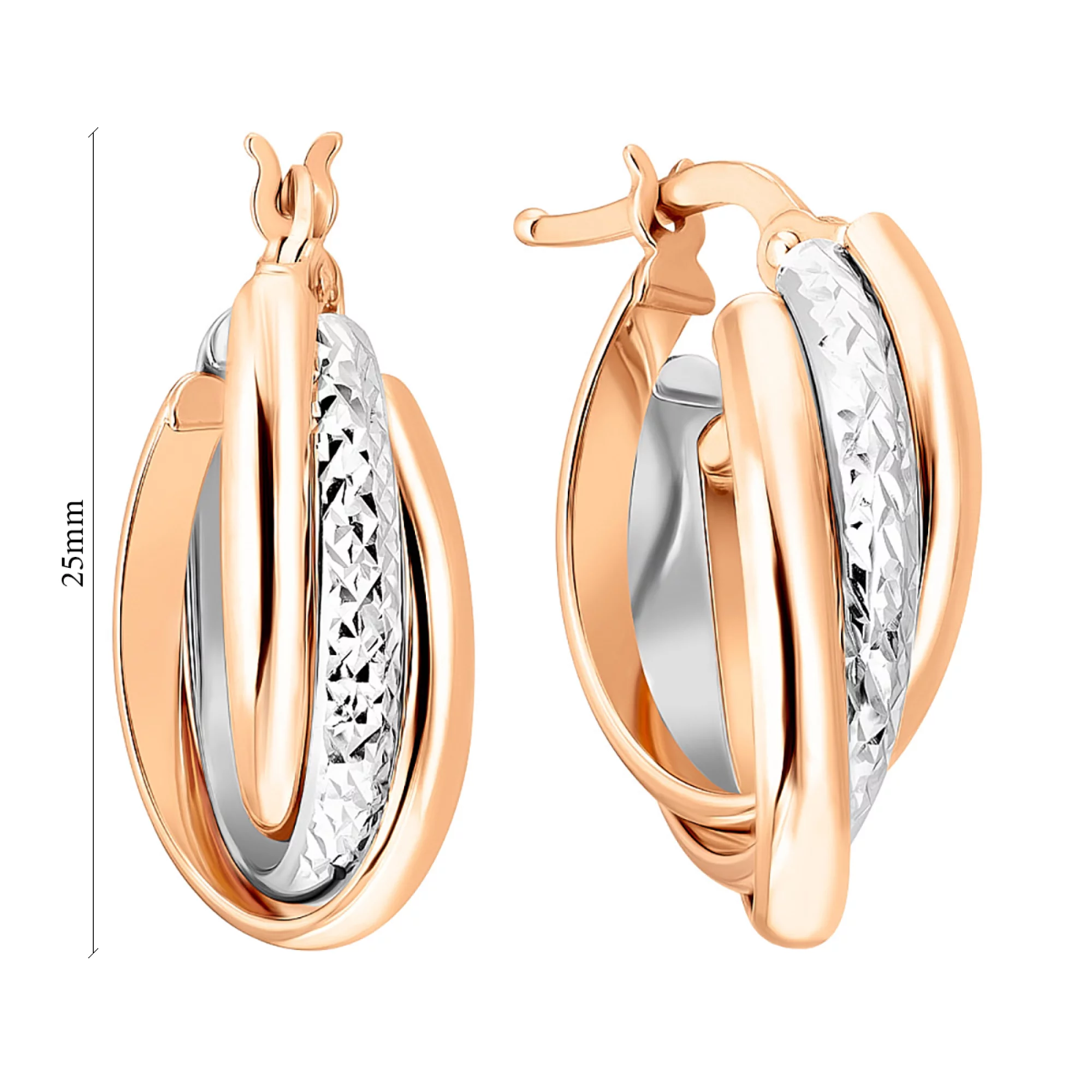 Сережки-кольца из комбинированного золота "Тринити" - 1095094 – изображение 2