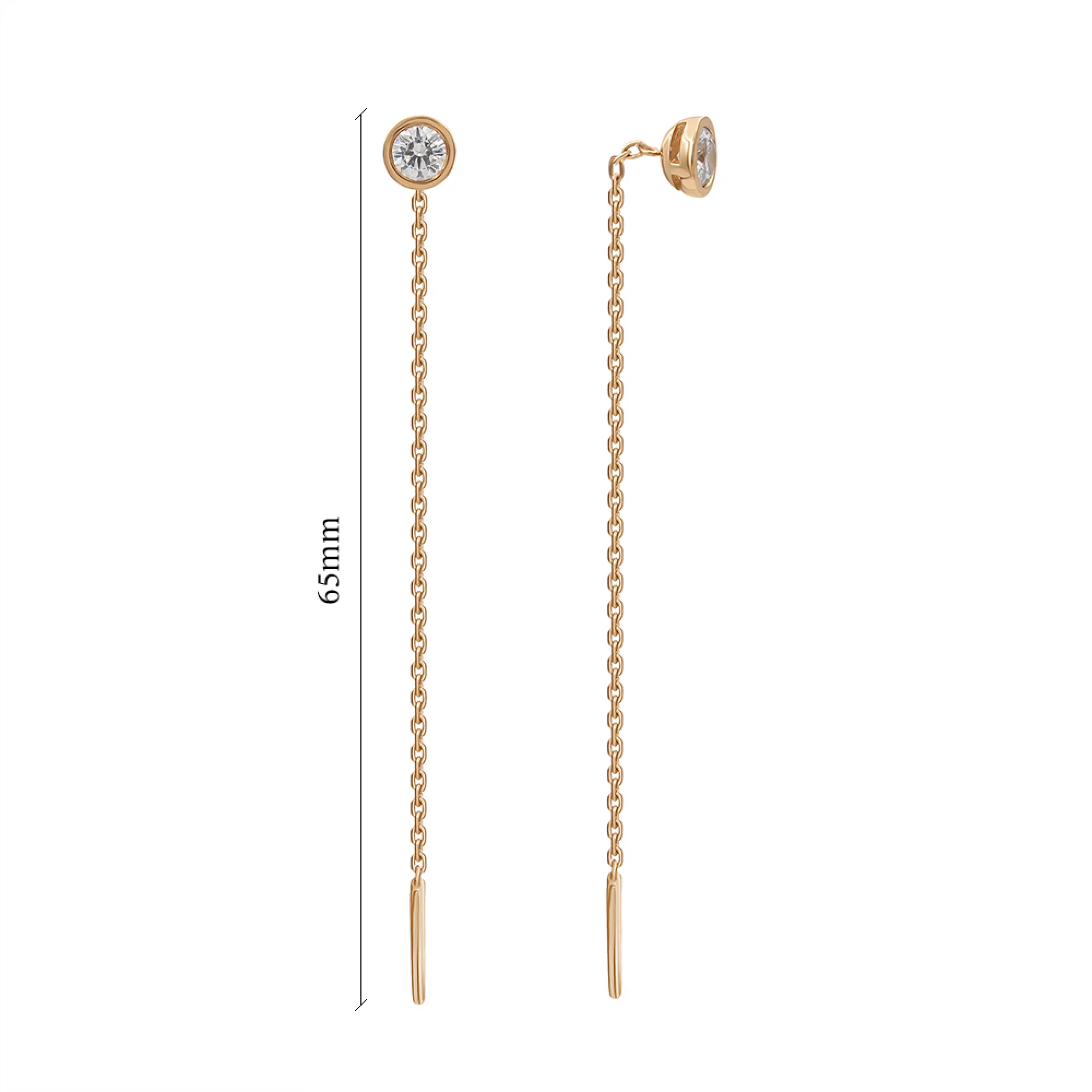 Золотые серьги-протяжки с фианитом - 594966 – изображение 2