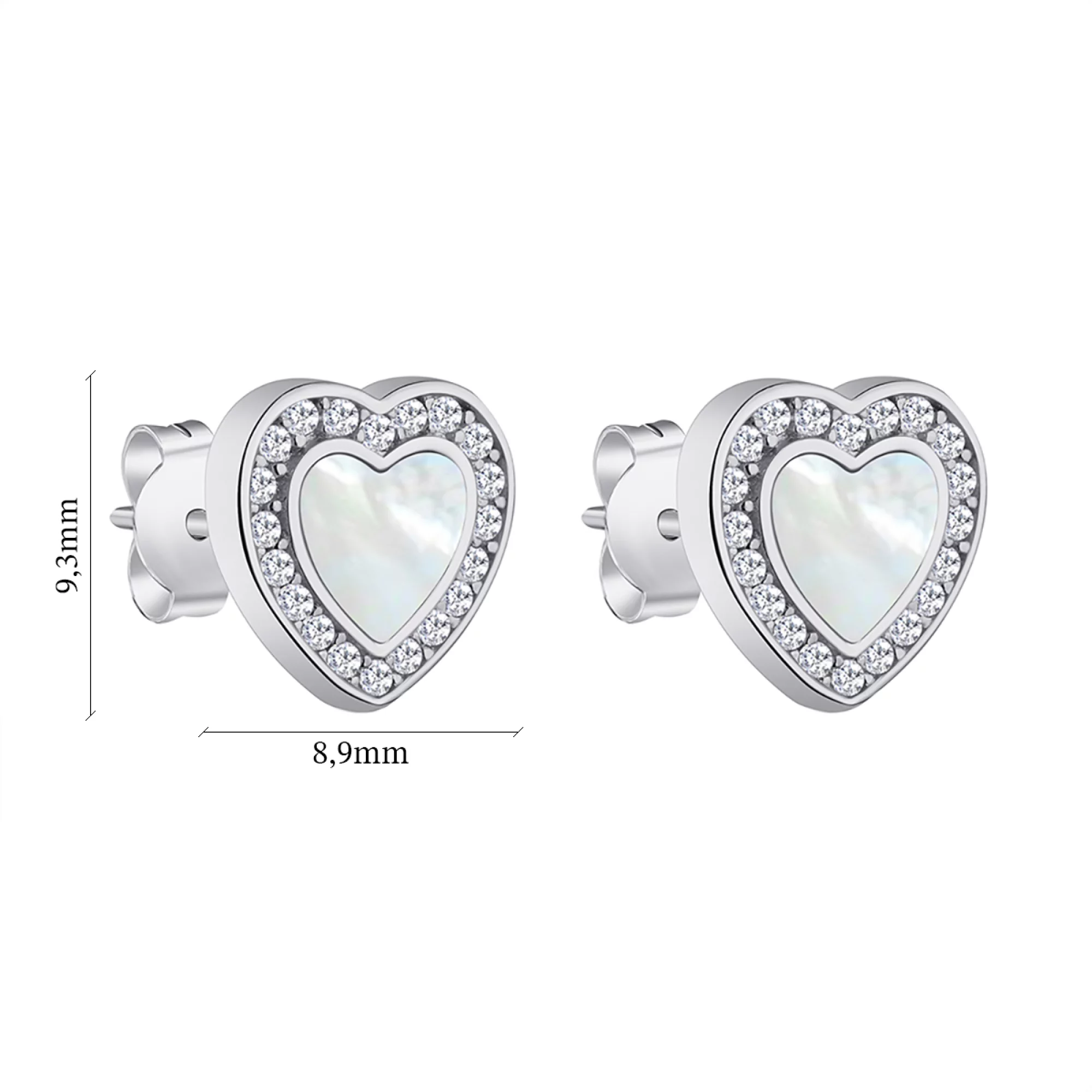 Сережки-гвоздики зі срібла з перламутром "Серце" та фіанітом - 1279424 – зображення 2